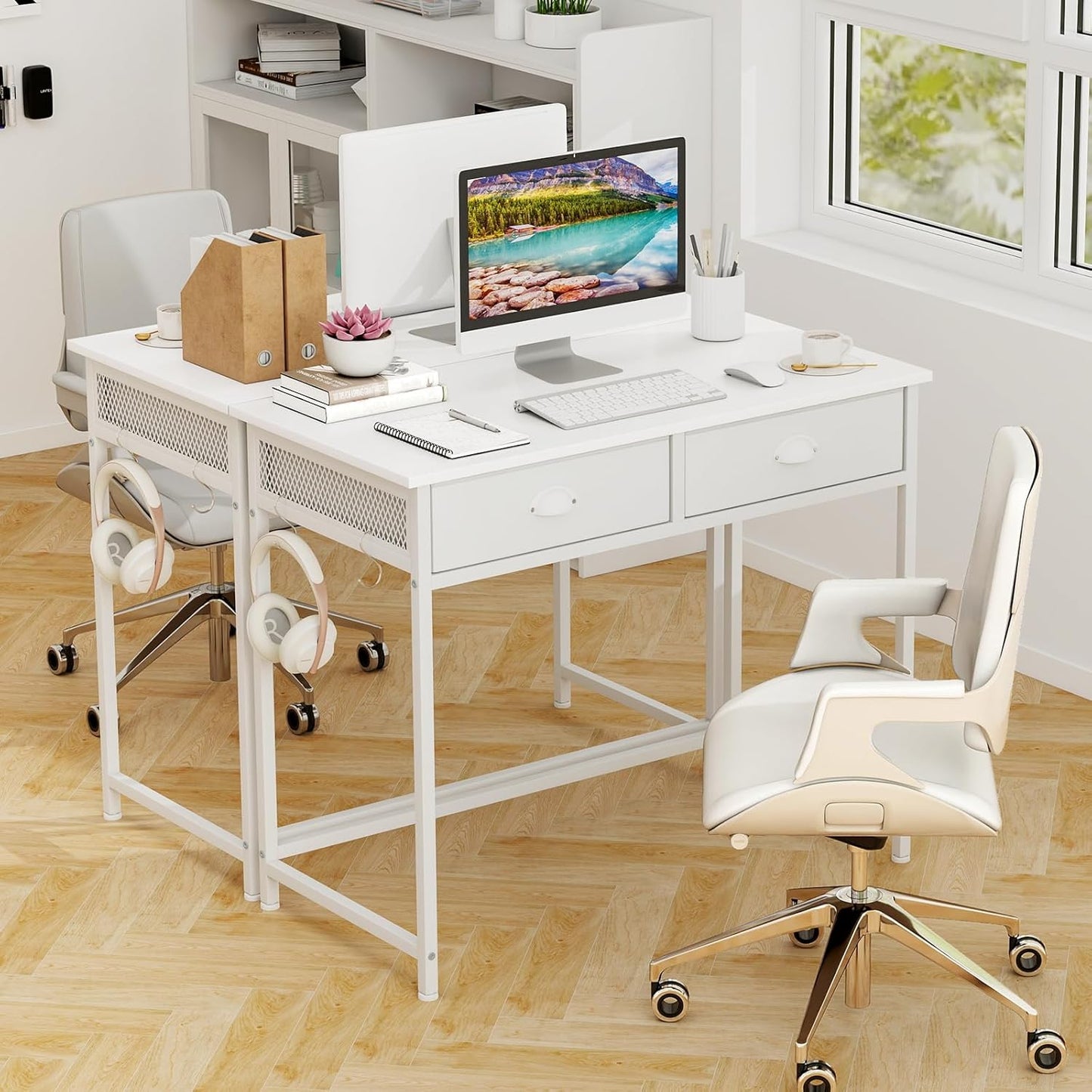 Tangkula Computer Desk with 2 Storage Drawers & 4 Hooks, Home Office Study Writing Desk with Metal Frame, Computer Workstation, Space Saving Laptop Desk for Bedroom Living Room (White)
