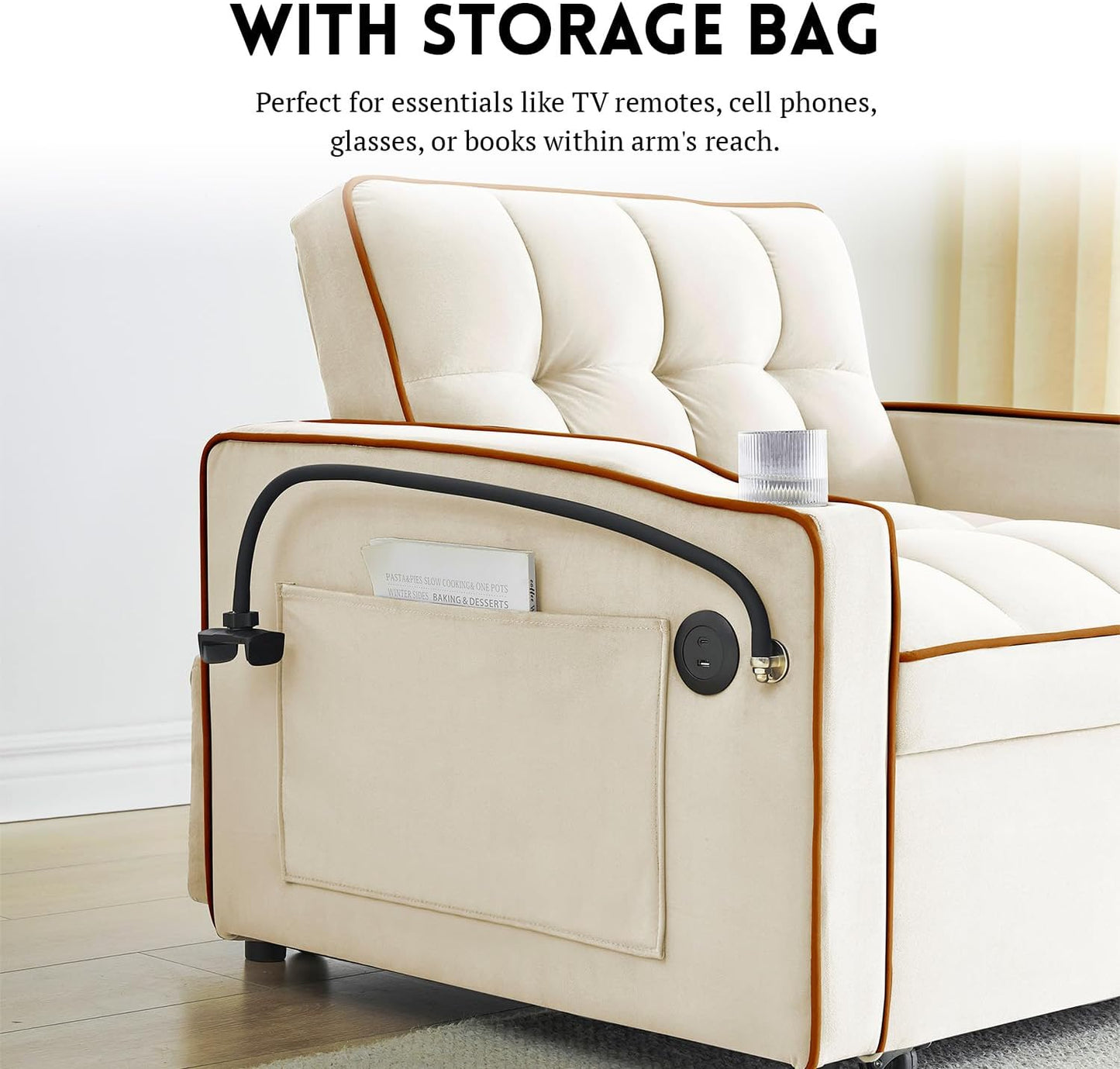 3 in 1 Sleeper Sofa Chair Bed,Velvet Convertible Sleeper Chair,Pull Out Bed Chair with USB Port & Ashtray and Swivel Phone Stand & Storage Pockets,Modern Chair for Living Room