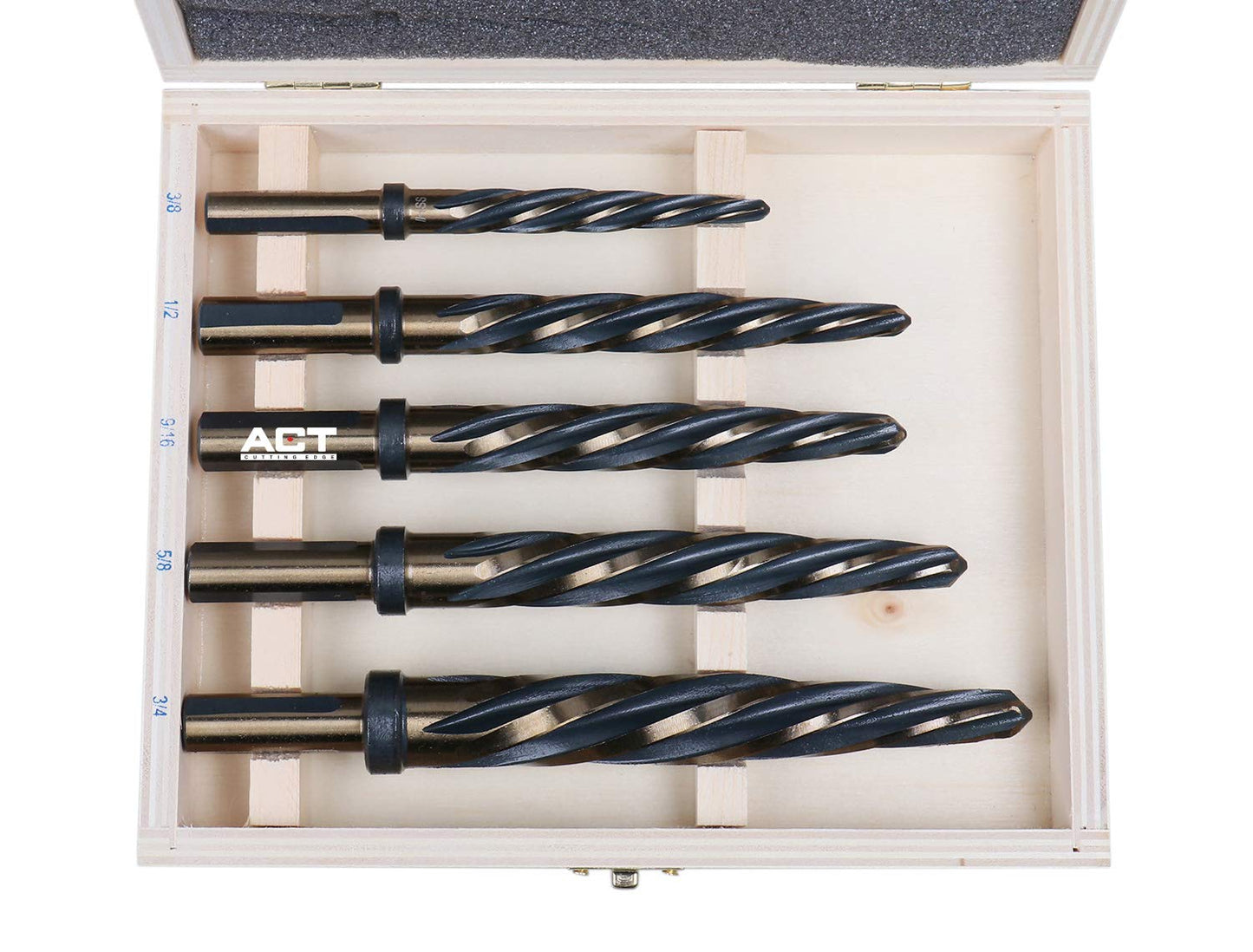 Accusize Industrial Tools 5 Pc H.S.S. Standard Spiral Flute Super Premium Car Reamer Set, 3/8", 1/2", 9/16'', 5/8", 3/4", to Fit 3/8'' or 1/2'' Shank Chuck