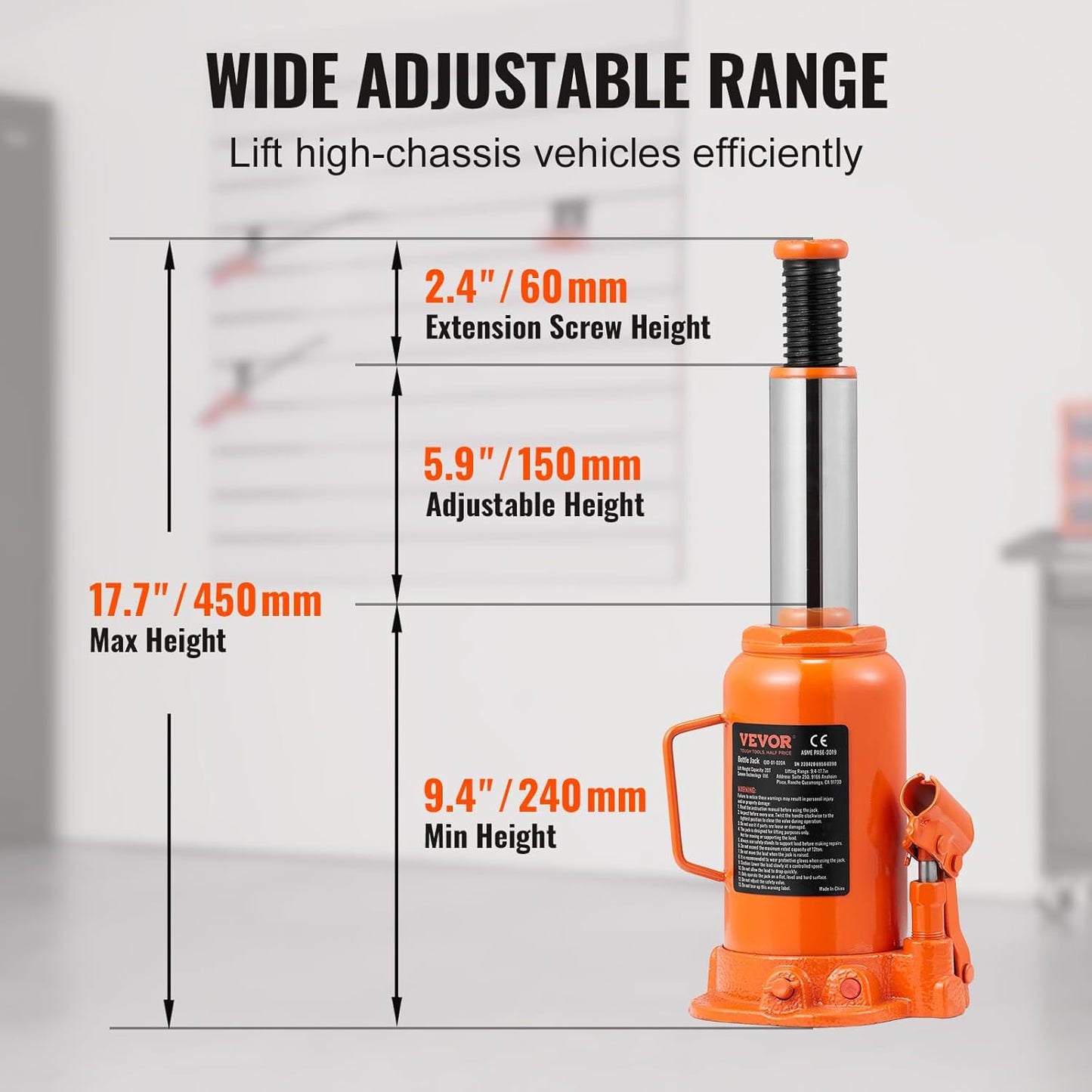 VEVOR Hydraulic Bottle Jack, 20 Ton/44092 LBS All Welded Bottle Jack, 7.5-14 inch Lifting Range, with 3-Section Long Handle, for Pickup Truck, Truck, Car, RV, Auto Repair, Industrial Engineering
