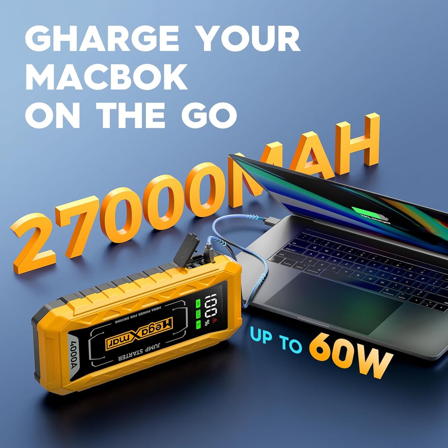 60w PD Battery Jump Starter 27000mAh 4000A, All Gas, 10L Diesel Engine, 12V car Battery Portable Jumper Box, Type C Booster Car Jumper Cable Pack