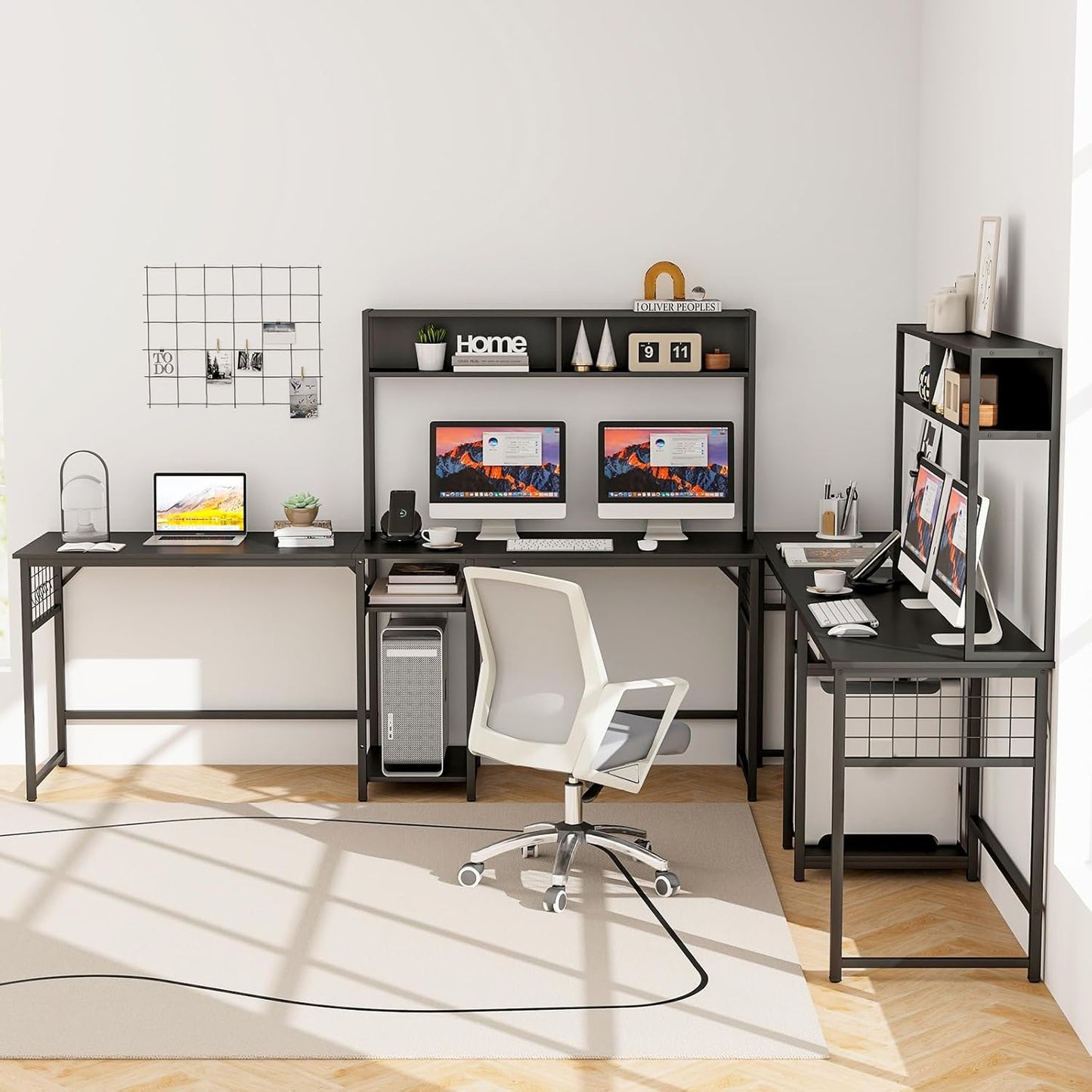 Tangkula L-Shaped Desk with Power Outlet, Large Corner Desk Converts to 2-Person Long Desk with Hutch, Computer Gaming Desk with CPU Stand & 3 Removable Hooks, for Home Office (Black)