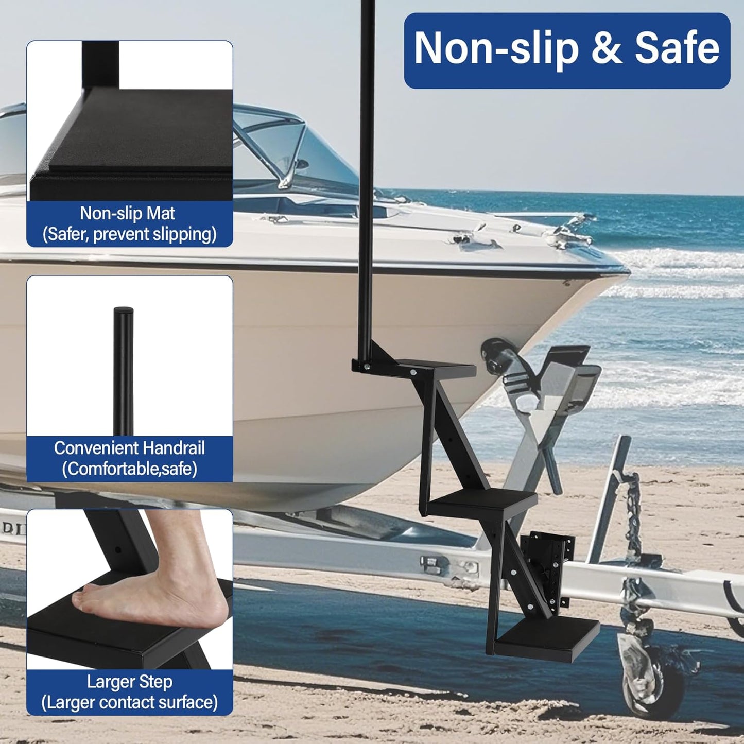 Boat Trailer Steps 3 Step w/Anti-Slip Mat & Handrail, 400LBS Capacity Boat Steps, Universal Fit Boat Trailer Tongue Steps, Flexible Step Height Installation, Easy Assembly & Safe Access