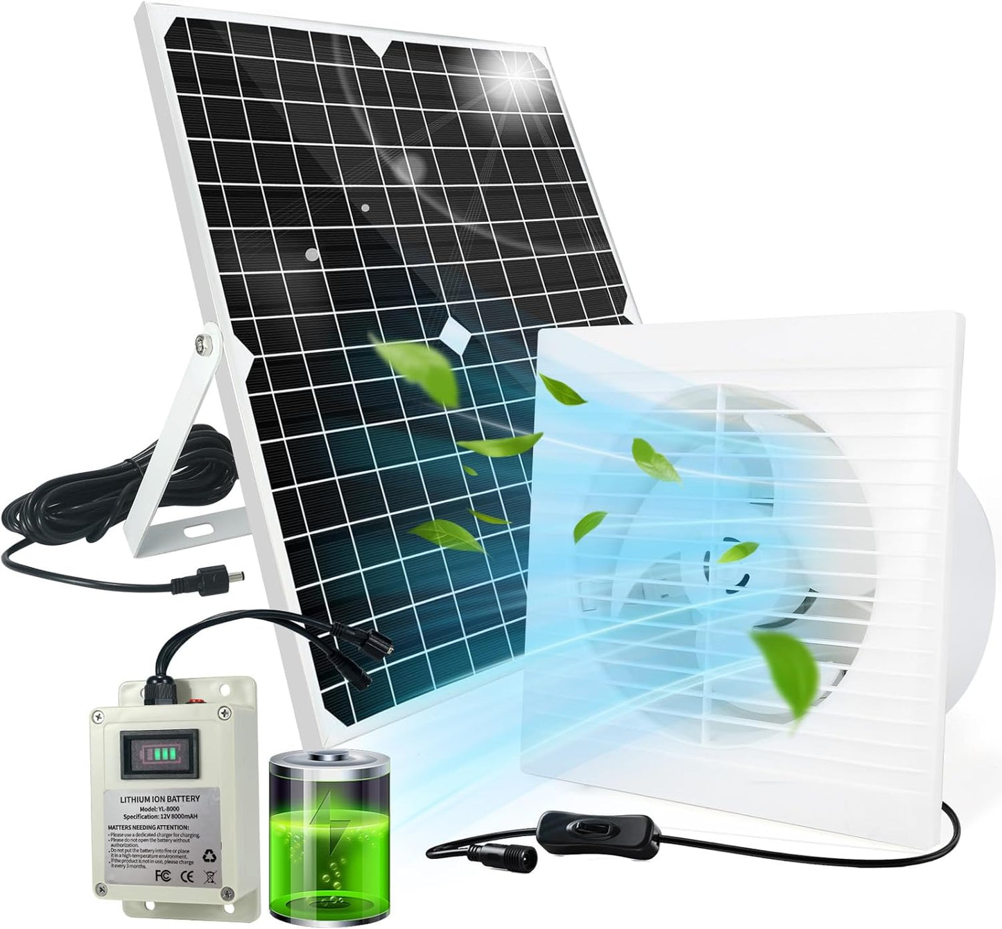 Solar Powered Fan, 9.1" Solar Exhaust Fan Kit, 25W Waterproof Chicken Coop Fans with 14.8Ft On/Off Switch Cable & Power Adapter, Cooling Ventilation for Greenhouse, Shed, Outside, Garages, Dog House