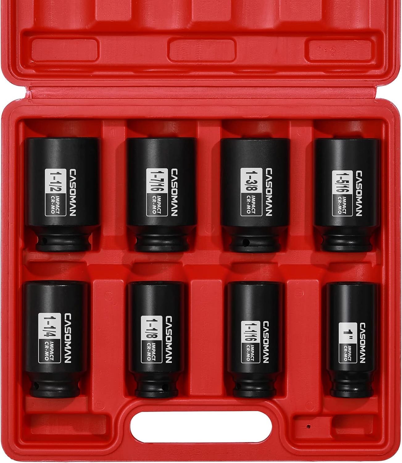CASOMAN 11PCS 1/2-Inch Drive Large Impact Socket Set, 6 Point, 1-3/8-Inch to 2-Inch, SAE Spindle Axle Nut Impact Socket Set, CR-MO