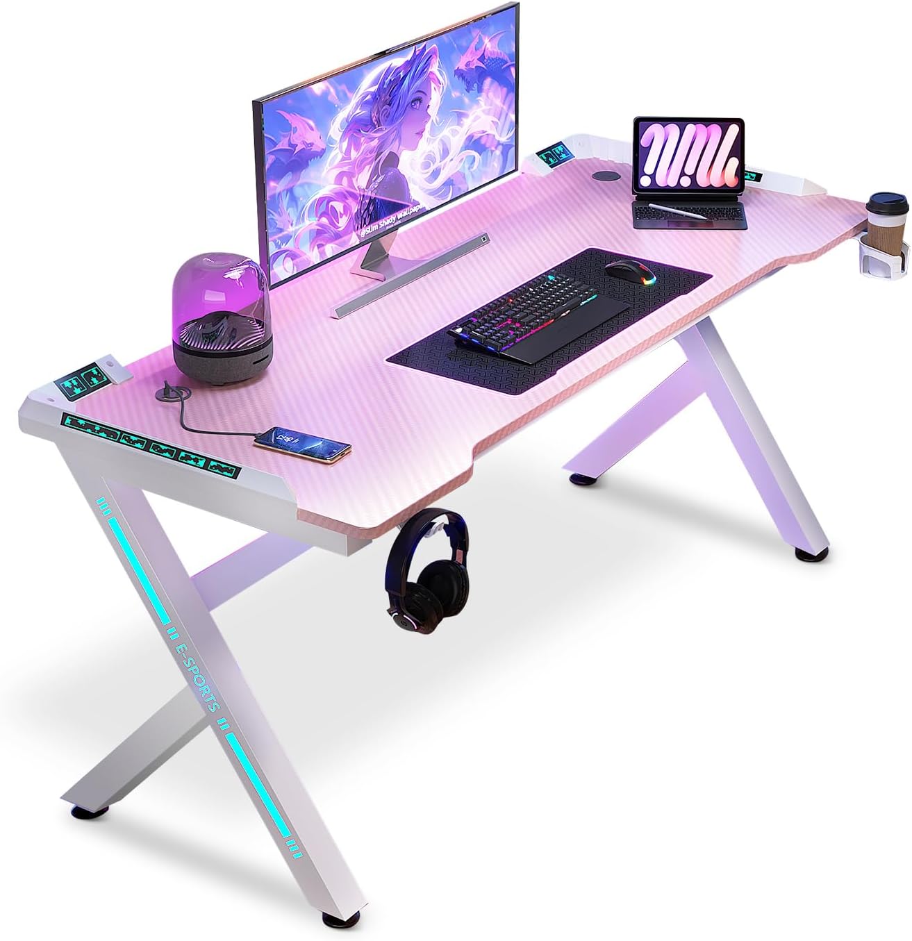 AZN Gaming Desk, 55'' Computer Desk, Gaming Desk w/LED Lights & Carbon Fiber Desktop, Home Office Desks w/Ergonomic Design, Computer Desks w/Cup Holder, Headphone Holder, Cable Organizer