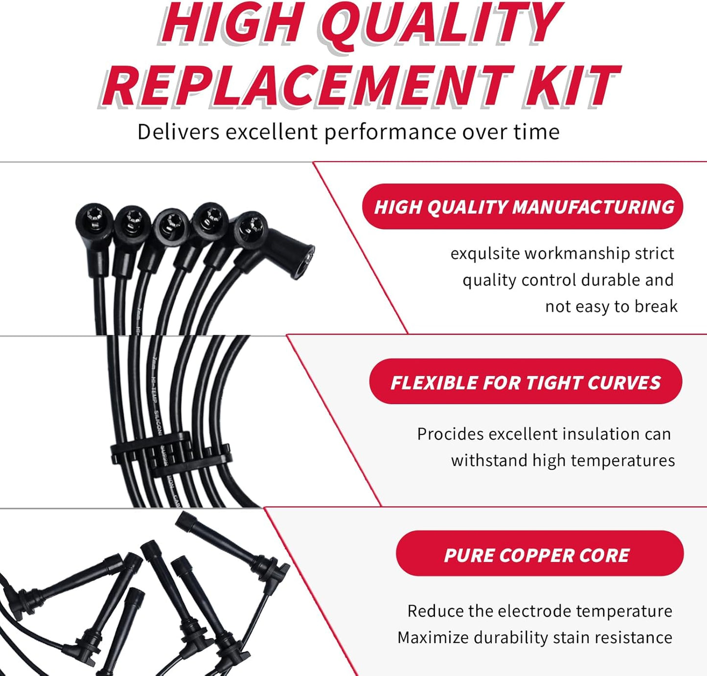 Set of 6 PCS Ignition Spark Plug Wires 671-6220 3878 RC-XX91 55803 27501-37B00 27501-37A00 & 6 Iridium Spark Plugs Set Compatible with Hyundai Tiburon Santa Fe Sonata Kia Magentis Optima 2.5L 2.7L V6