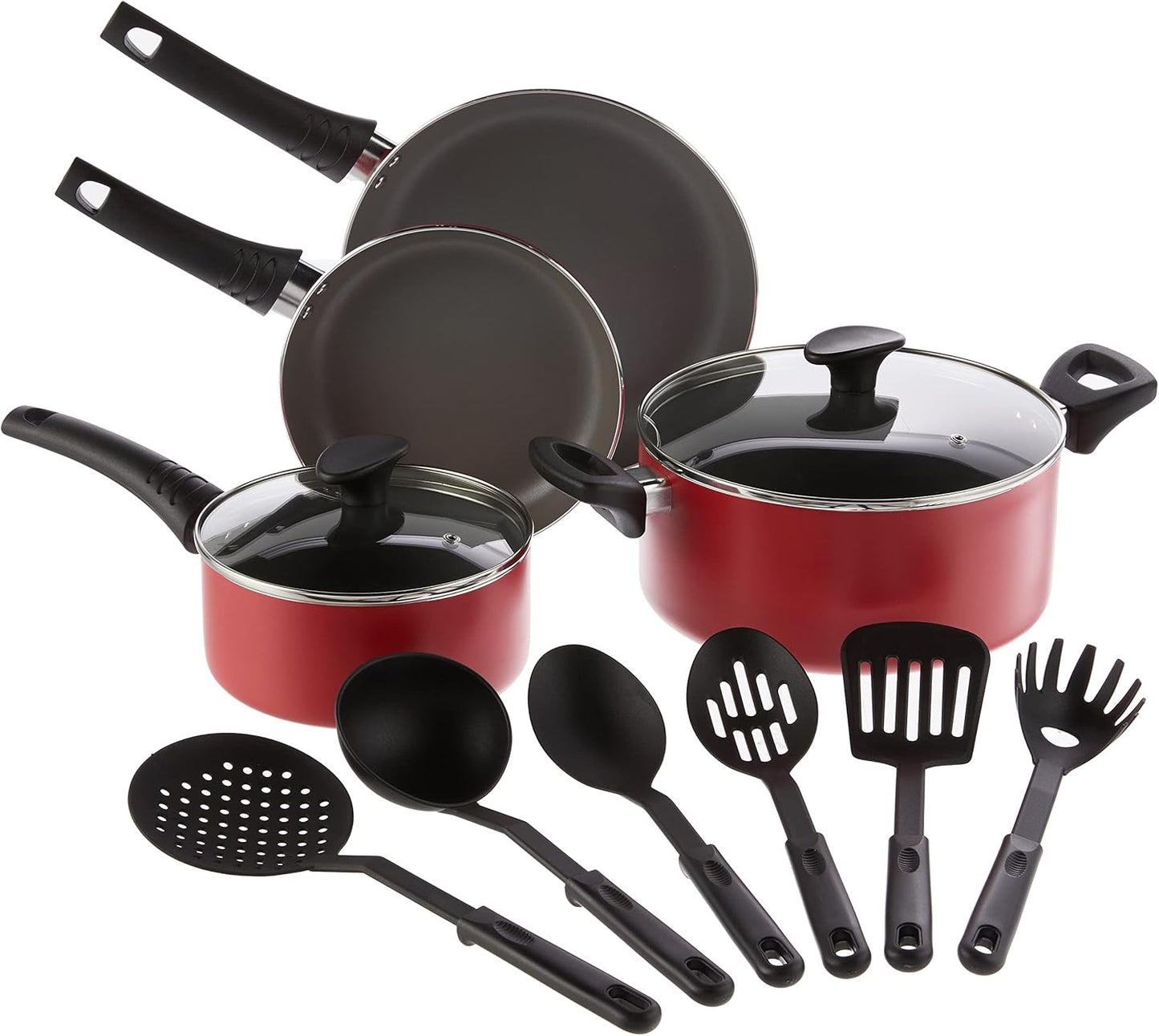 bella Cookware Set, 12 Piece Pots and Pans with Utensils, Nonstick PFOA Free Scratch Resistant Cooking Surface Compatible with All Stoves, Nylon and Aluminum, Black