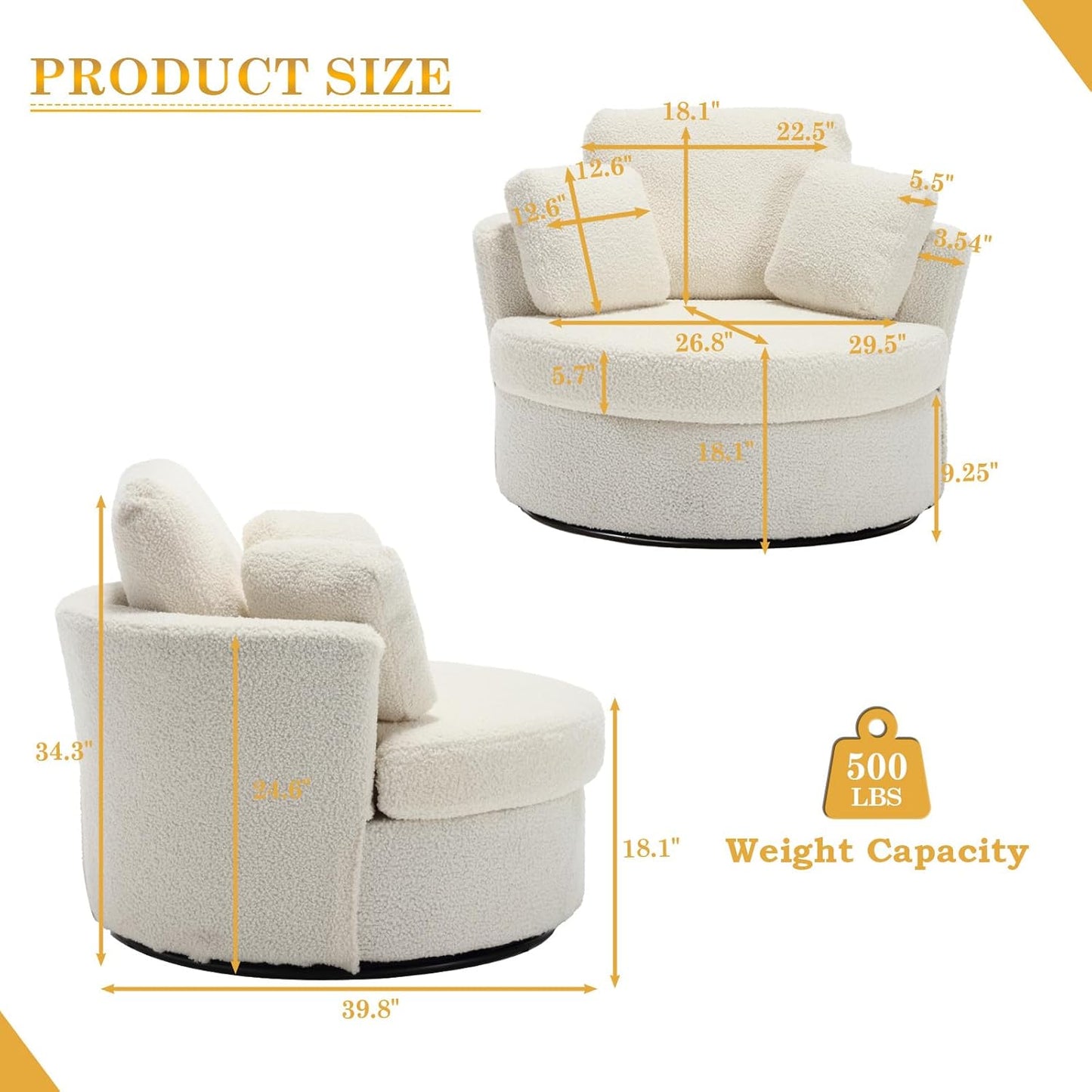 Swivel Barrel Chair Set of 2, Modern Fabric Oversized 360 Degree Club Accent Arm Chairs, Single Round Living Room Sofa Chair w/ 3 Pillows for Nursery, Bedroom, Reading, Office, Ivory