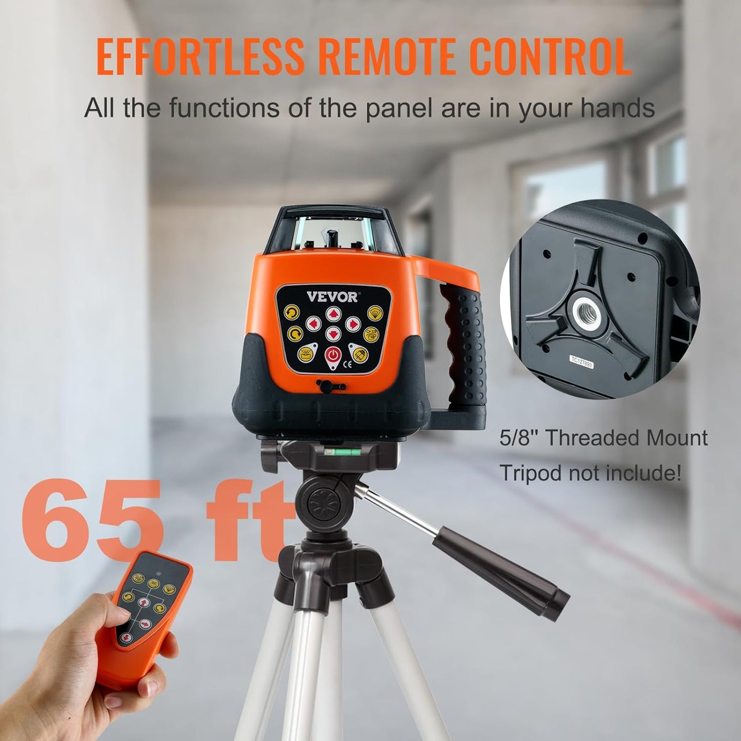 VEVOR Rotary Laser Level 1650ft,360 Degree Self Leveling Red Cross Line Laser,5 Rotation Speeds&4 Scanning Angles Adjustment,IP66 Waterproof Remote Control Manual Self-leveling Mode,Battery Included
