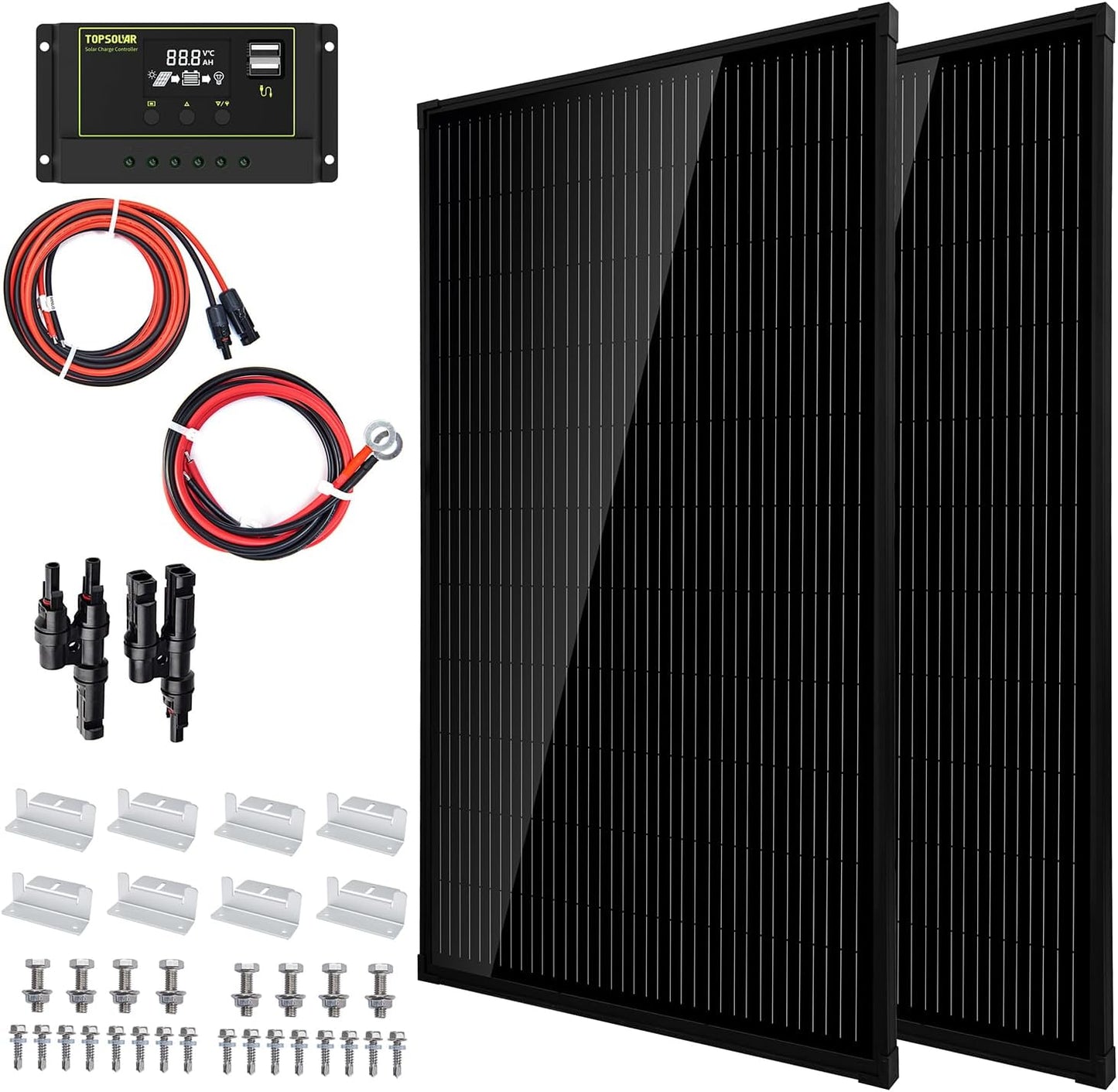 Topsolar Solar Panel Kit 100 Watt 12 Volt Monocrystalline Off Grid System for Homes RV Boat + 30A 12V/24V Solar Charge Controller +Solar Cables + Z-Bracket for Mounting