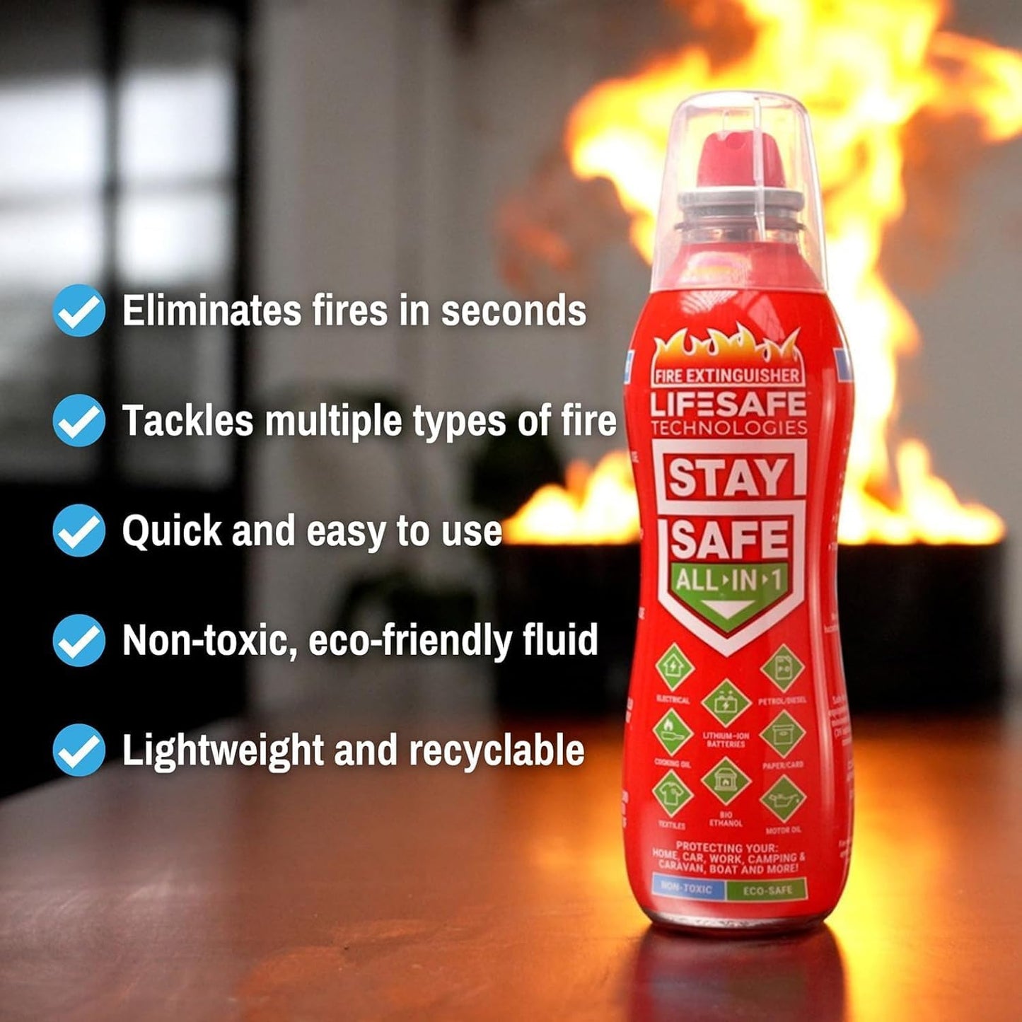 StaySafe All-in-1 Portable Fire Extinguishing Spray By LifeSafe Technologies | Compact Fire Extinguisher For 10 Types of Fires | Non-Toxic, Non-Hazardous & Eco-Friendly