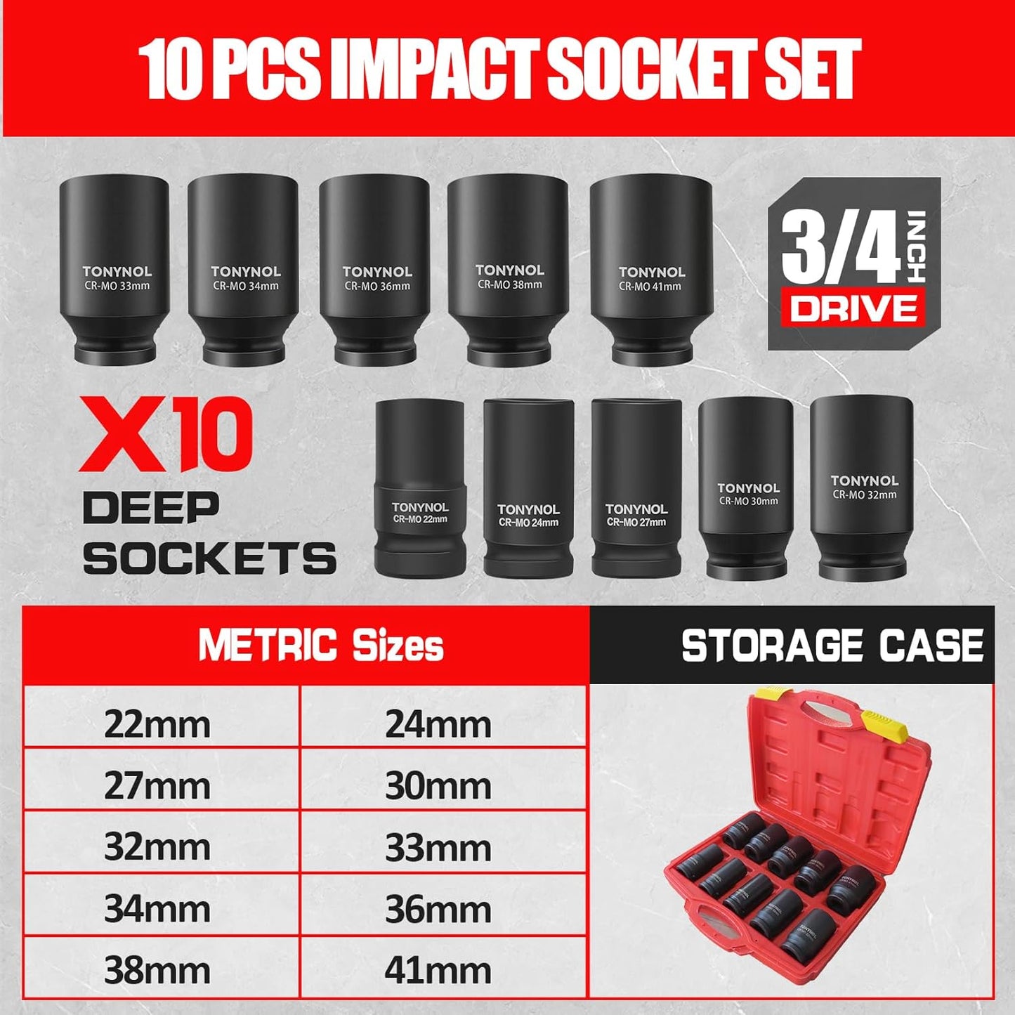 3/4 Inch Drive Deep Impact Socket Set,6-Point,Metric Size(22mm to 41mm),10 Pcs,Cr-Mo.Heavy Duty Impact Socket Set,With a Storage Case.