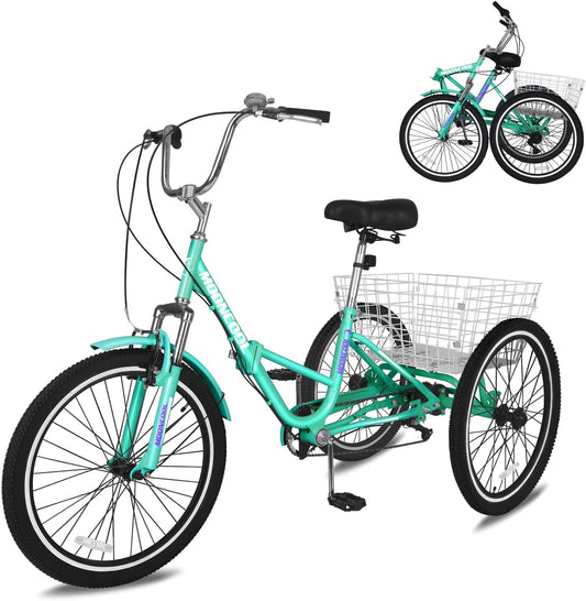 Slsy Adult Folding Tricycles, 7 Speed Folding Adult Trikes, 20 24 26 Inch 3 Wheel Bikes with Low Step-Through, Foldable Tricycle for Adults, Women, Men, Seniors