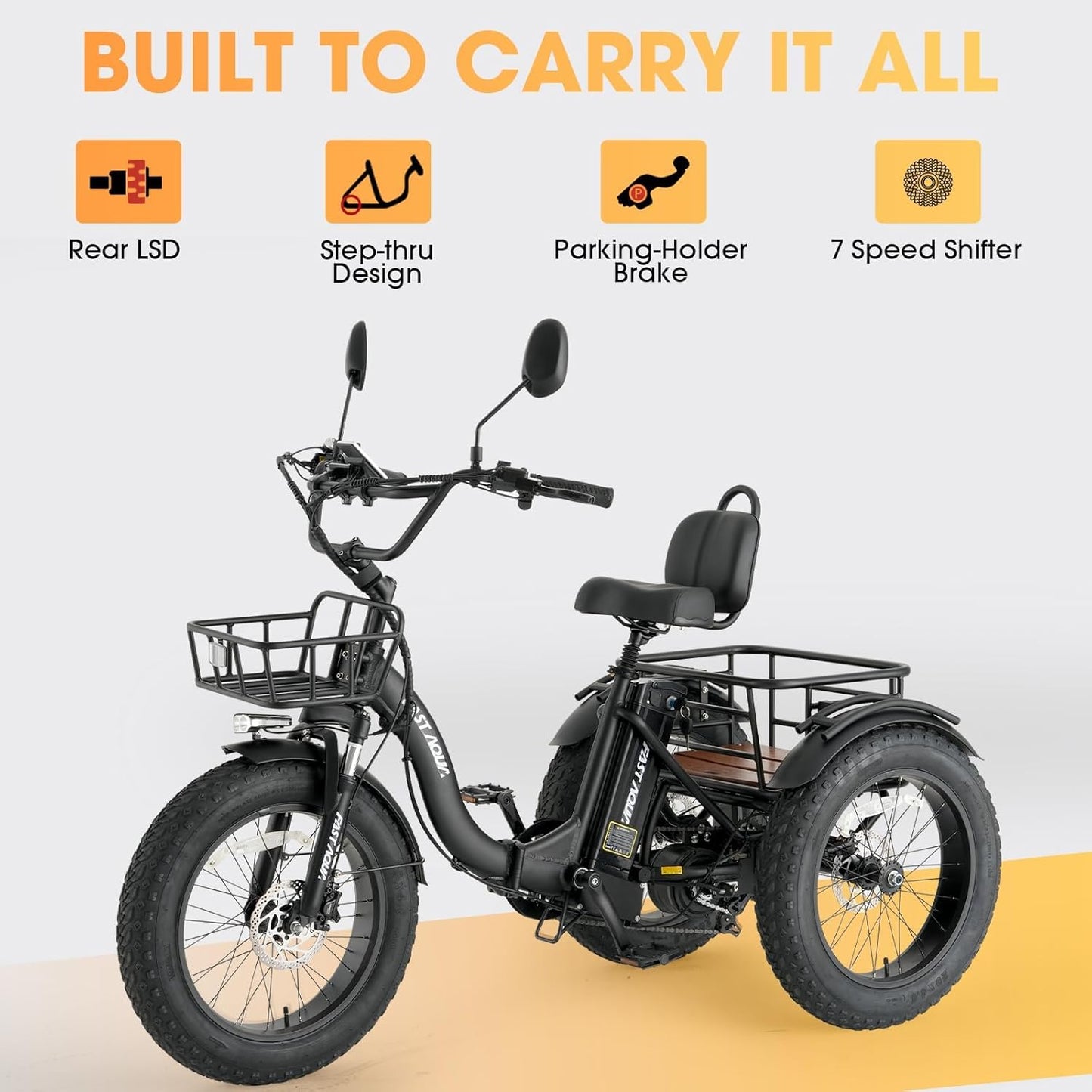 Skeri Electric Tricycle for Adults, 20"x4" Folding Fat Tire Electric Trike, 750W(Peak 1350W) Motor Etrike, 48V13Ah Battery, 3-Wheel Electric Bike, 20MPH, Front & Rear Basket & Differential