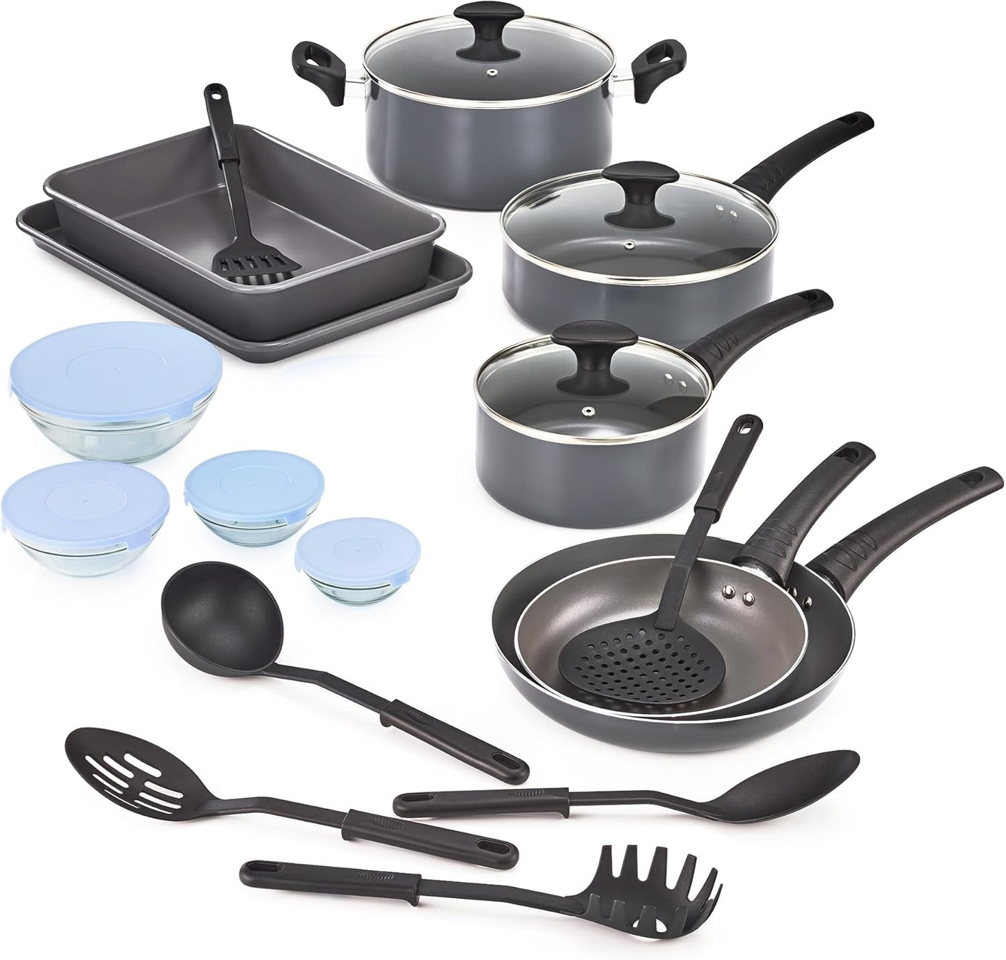 bella Cookware Set, 12 Piece Pots and Pans with Utensils, Nonstick PFOA Free Scratch Resistant Cooking Surface Compatible with All Stoves, Nylon and Aluminum, Black