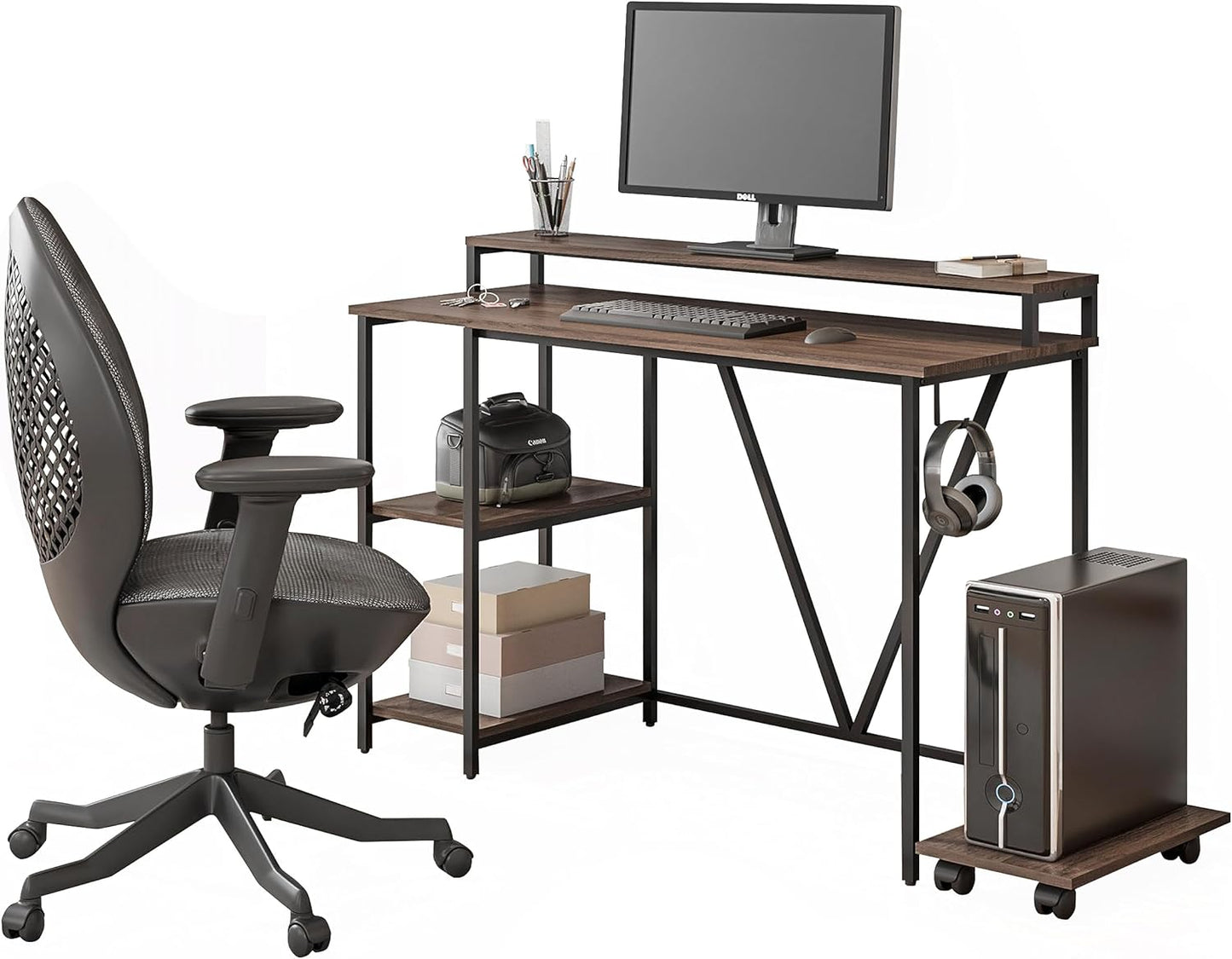 Techni Mobili Computer Desk - Industrial Writing Desk with Storage Shelves, Monitor Stand, & Accessory Holder - Home Office Laptop Computer Table with CPU Caddy & 2-Tier Small Bookshelf Space