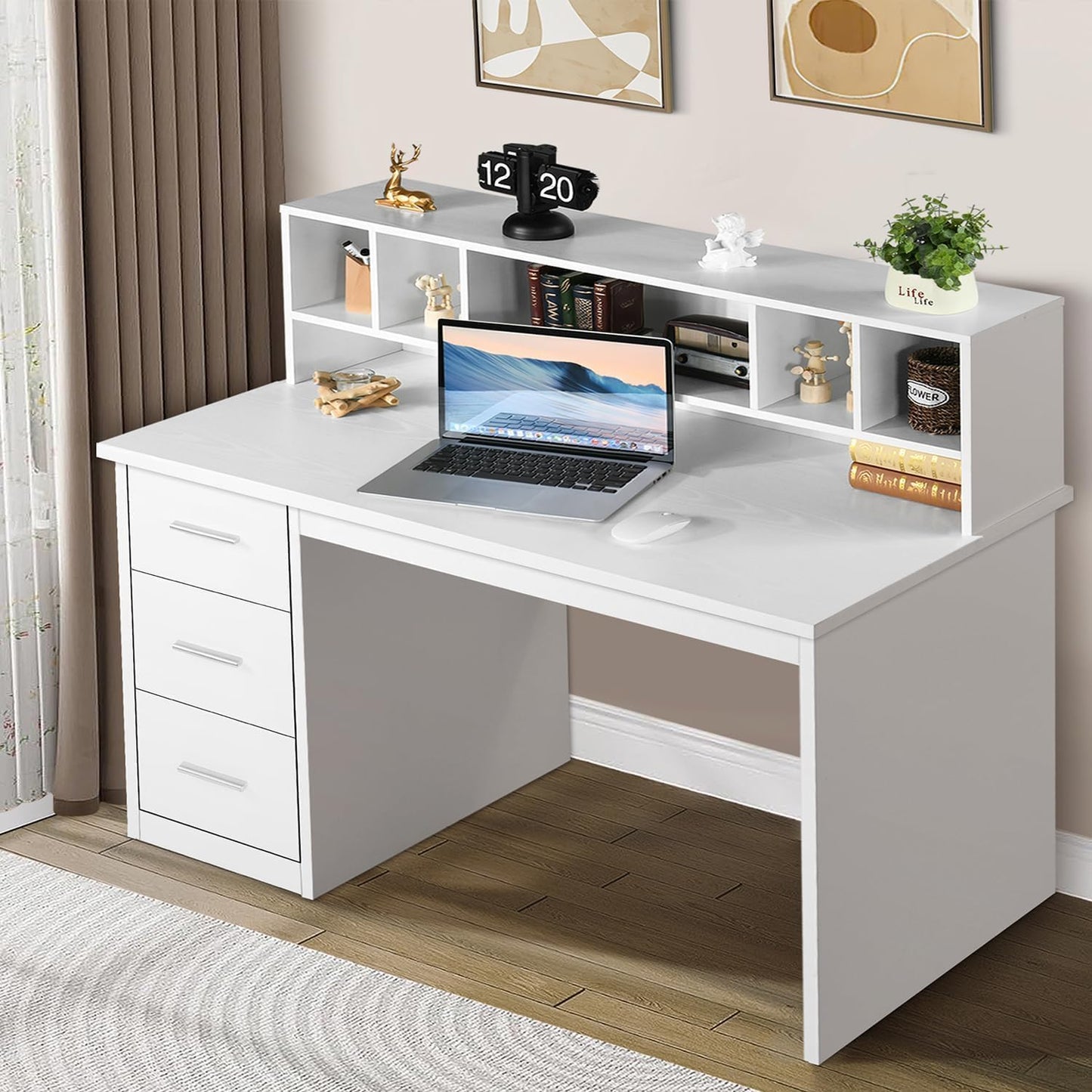 46 inch Home Office Desk with 3 Storage Drawers for Small Spaces, Writing Study Table for Home Office, Computer Desk with Hutch, Walnut and White