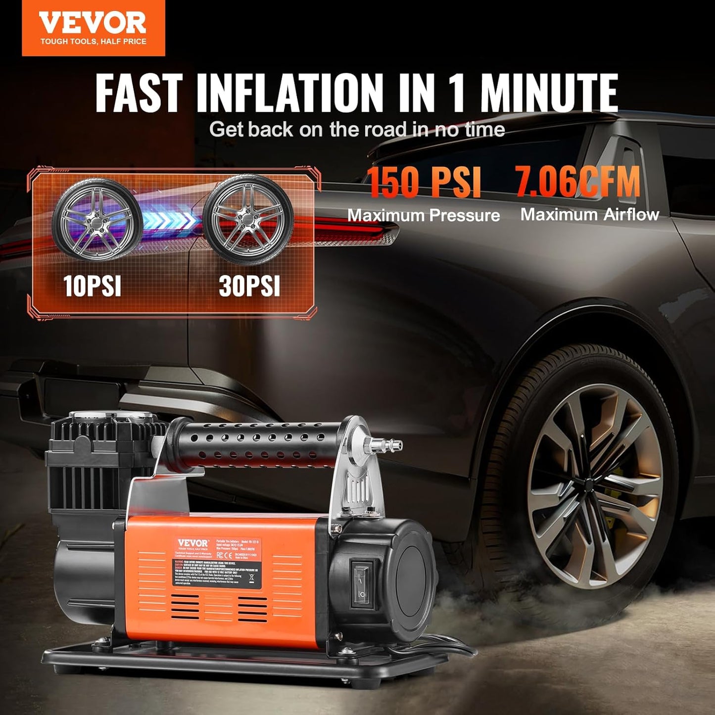 VEVOR 12V Portable Tire Inflator, 7.06CFM Heavy Duty Air Compressor, 150PSI Offroad Air Pump with Adapters for Car SUV RV Truck - Include 6.5FT Power Cord, 26FT Air Hose with Pressure Gauge, Carry Bag