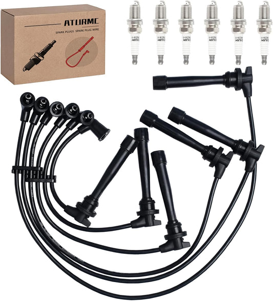 Set of 6 PCS Ignition Spark Plug Wires 671-6220 3878 RC-XX91 55803 27501-37B00 27501-37A00 & 6 Iridium Spark Plugs Set Compatible with Hyundai Tiburon Santa Fe Sonata Kia Magentis Optima 2.5L 2.7L V6