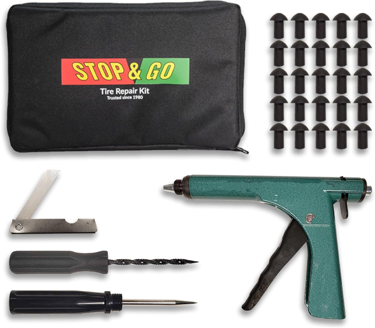 Stop & Go 1085 30 Piece Deluxe Tubeless Tire Plugger Repair Kit Punctures and Flats on Car, Motorcycle, ATV, Jeep, Truck, & Tractor (25 Mushroom Plugs)