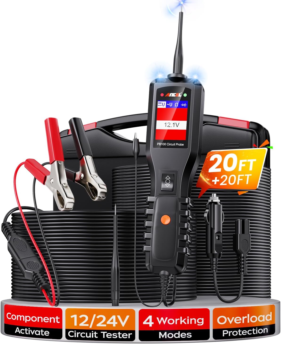 ANCEL PB600 Power Circuit Probe Tester with Battery, Relay, Injector Test, 8-35V Automotive Electrical Circuit Tester, Multimeter/Oscilloscope/Ohmmeters Power Circuit Probe Kit, 30FT Cable