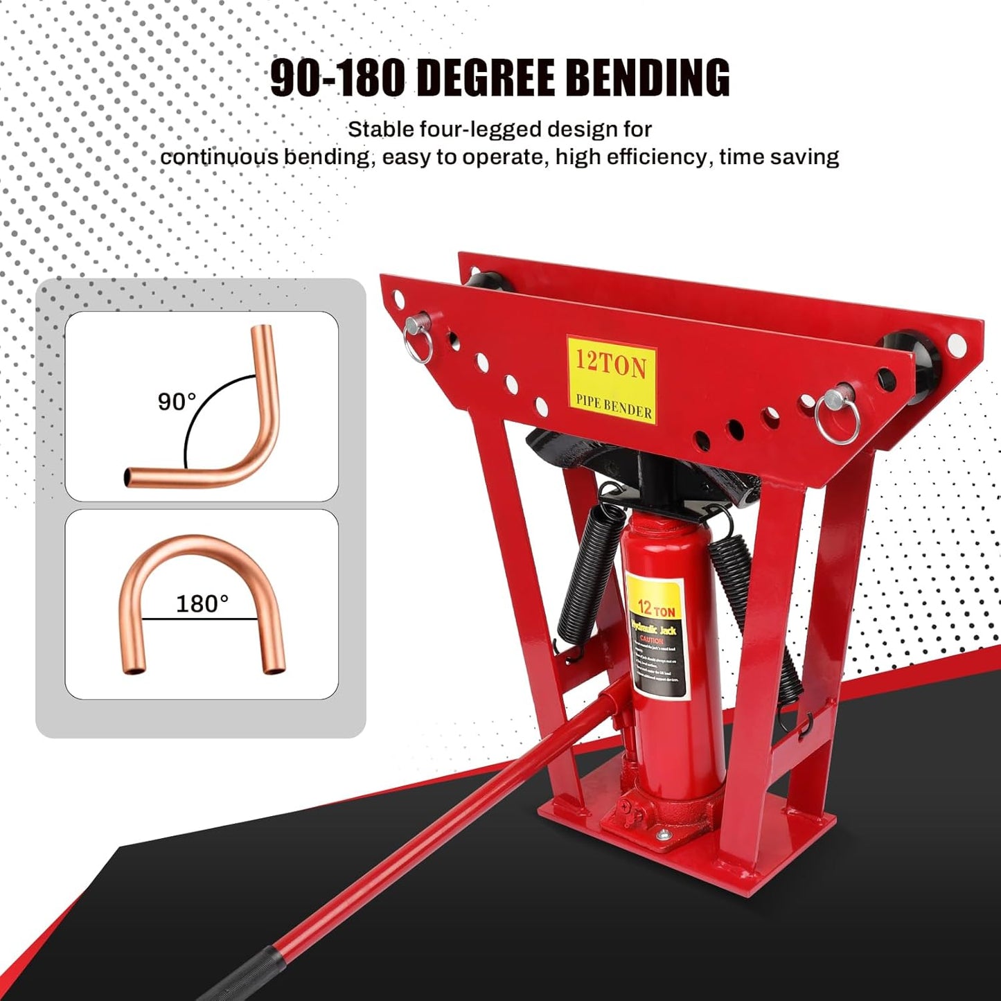 12 Ton Hydraulic Pipe Bender, Manual Copper Tubing Bender with 6 Dies (1/2",3/4",1",1-1/4",1-1/2",2"), 90°-180° Adjustable Rollers for Steel Iron Metal Ratcheting