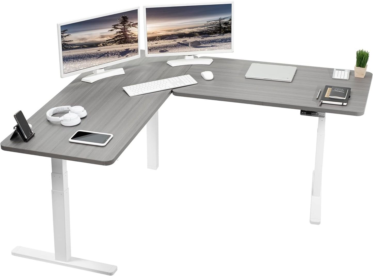 VIVO Electric Height Adjustable 83 x 60 inch Corner Stand Up Desk, 2 Light Wood Solid Table Tops, White Frame, Memory Controller, L-Shaped Workstation, 3E Series, DESK-KIT-3E8C