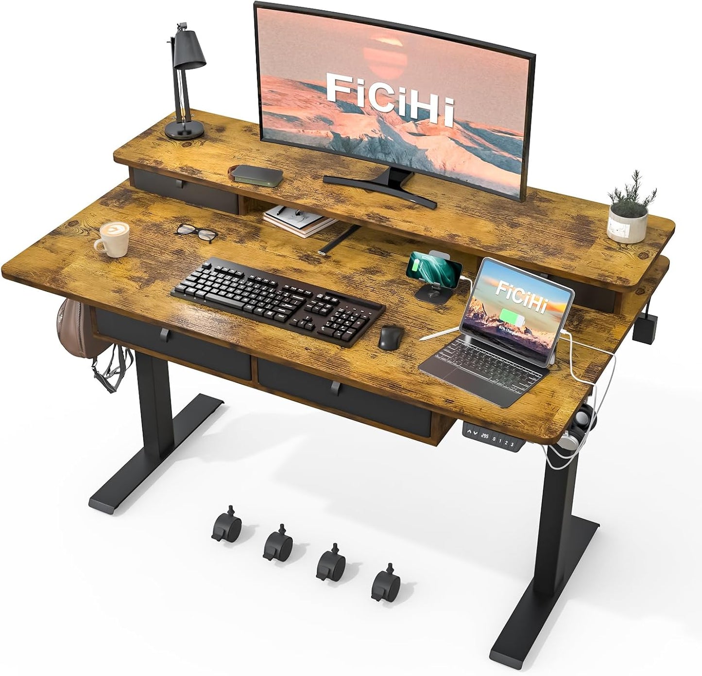 Adjustable Height Standing Desk with 4 Drawers & Wheels,63 x 30 inches Electric Sit Stand Home Office Desk with Two Tiers, 3 Memory Presets, Monitor Stand Riser, USB A/C Charging Port