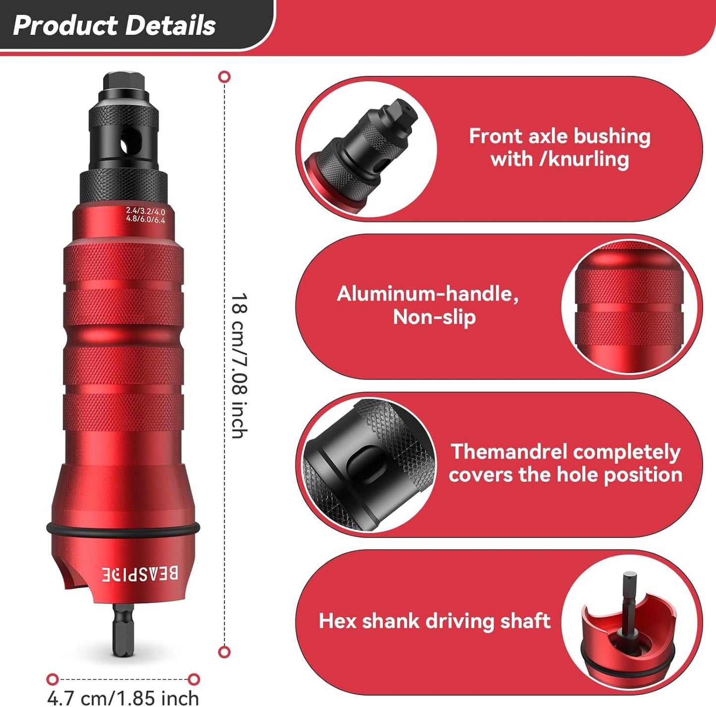 Beaspire Cordless Rivet Gun Adapter - Electric Rivet Drill Adapter Kit 2.4mm-6.4mm, Rivet Gun Kit with 6 Interchangeable Rivet Heads and 30 Blind Rivets, Easy processing for Pop Rivets