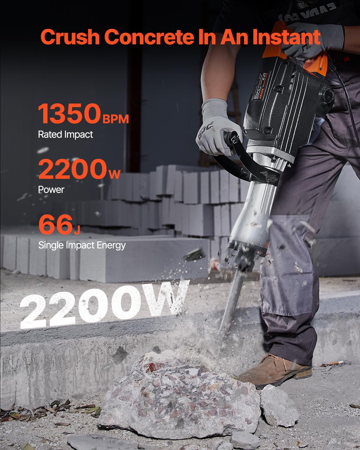 VEVOR Demolition Jack Hammer, 1350 BPM Concrete Breaker 6pcs Chisels Bit Chipping with Case, 2200W Electric Jackhammer Heavy Duty, Black