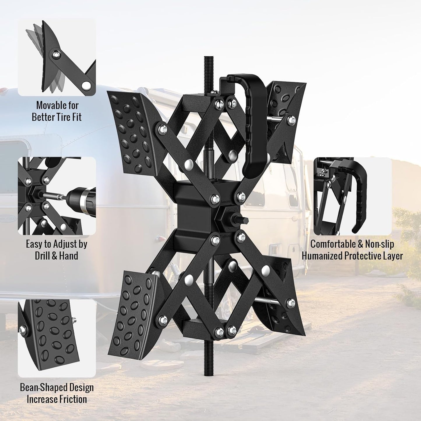AUH X-Shaped RV Stabilizer Wheel Chock (Allows Drilling for Adjustment) Travel Trailer Stabilizers, Anti-Motion Tire RV Accessories for Tandem Axle RV Trailer Camping - 2 Pack (Black)