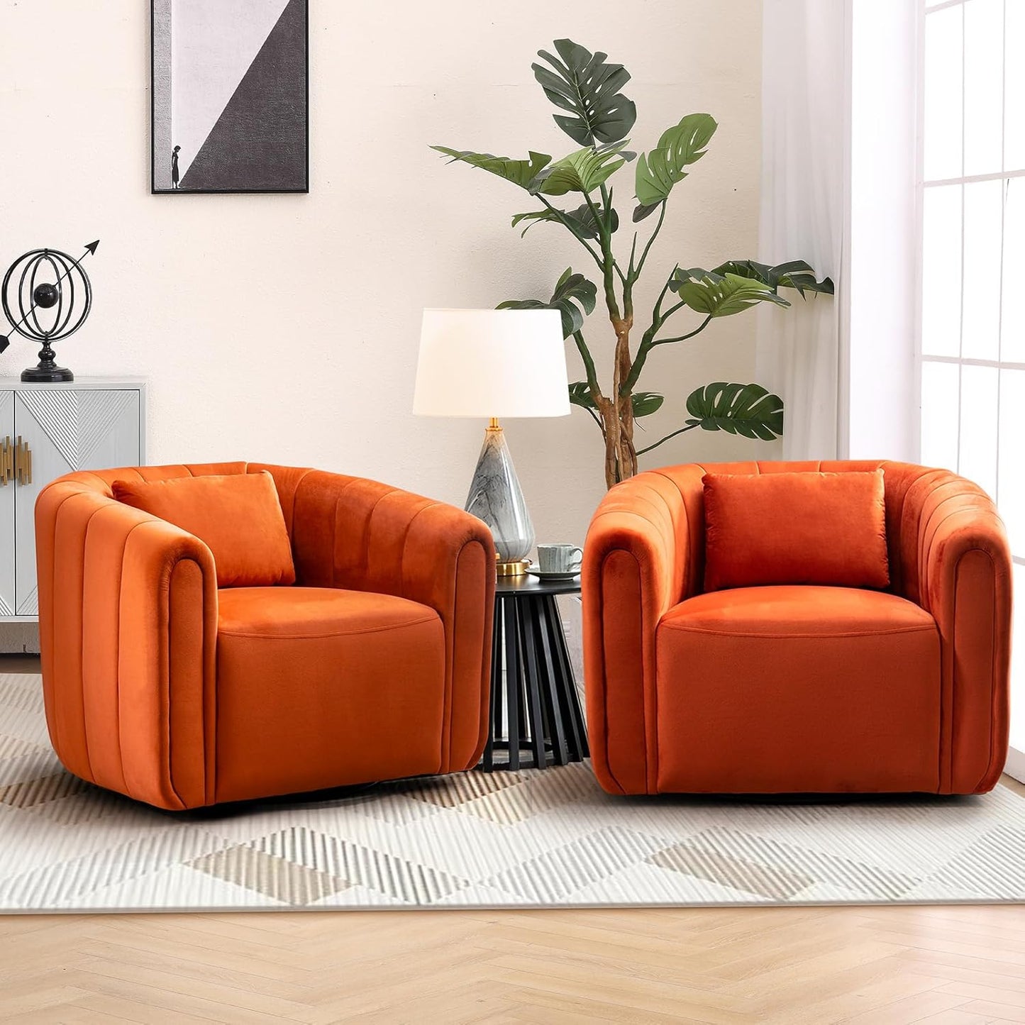 Bonzy Home Swivel Barrel Chair, Modern Velvet Swivel Accent Chair with Channel Tufting, Soft Upholstered Armchair for Living Room Bedroom Office (White, 2 Pack)