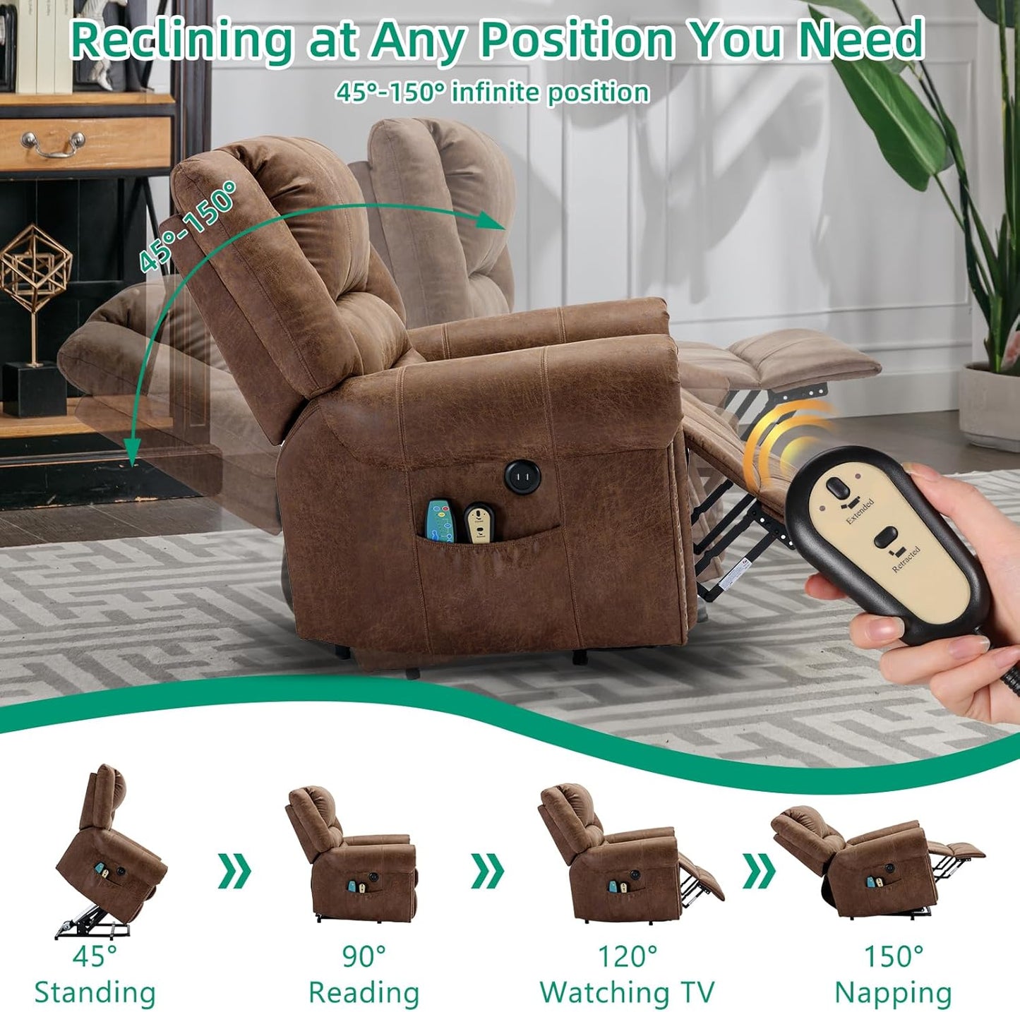 VIVIJASON Electric Power Lift Recliner Chair for Elderly, Heated Vibration Recliners Chair Massage Lounge Single Sofa Living Room Chair with 2 Remote Controls, Side Packets & USB Port, Nut Brown