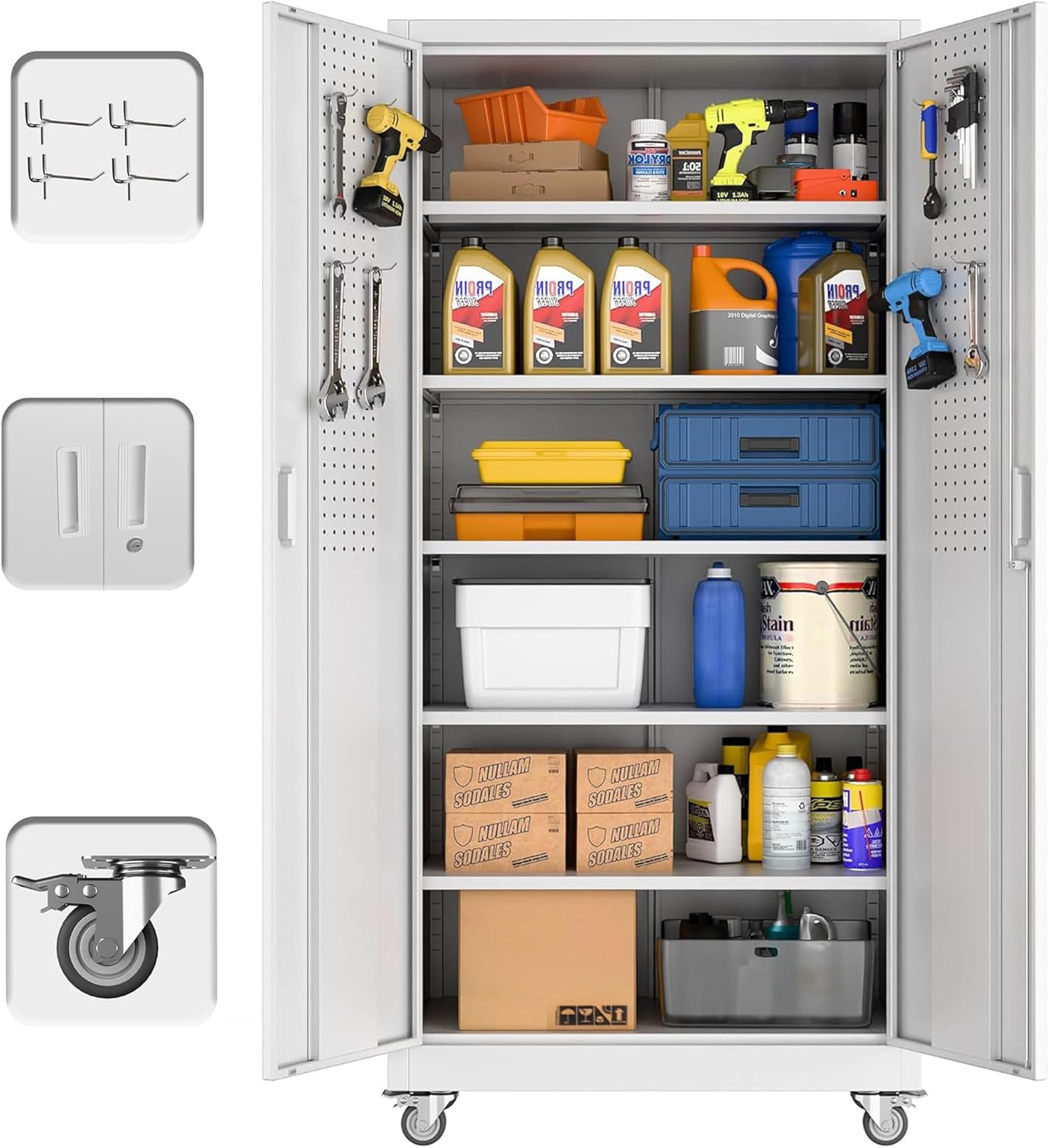 Aobabo Garage Storage Cabinet with Door Pegboard,Lockable Metal Storage Cabinet with 5 Adjustable Shelves for Garage Home,Required Assembly,Black
