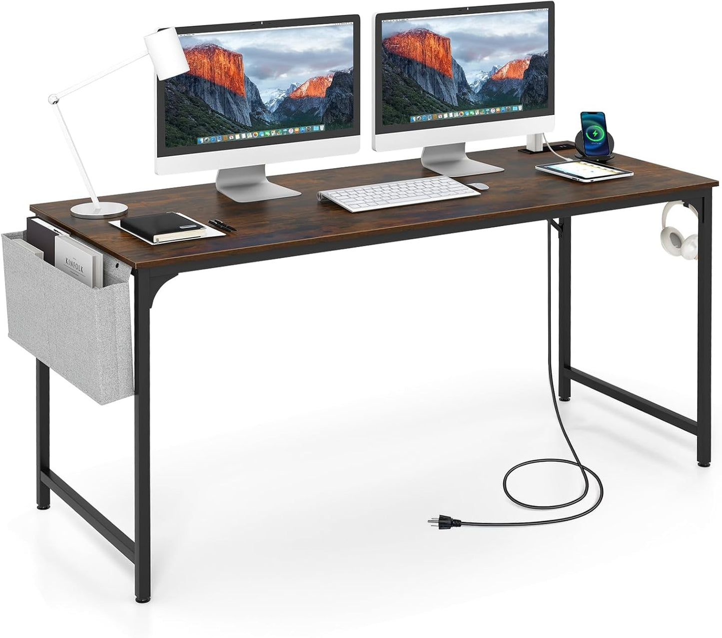 Tangkula 60” Large Computer Desk with Charging Station, Modern Simple Study Writing Desk with Storage Bag, Headphone Hook, Sturdy Metal Frame, Home Office Workstation