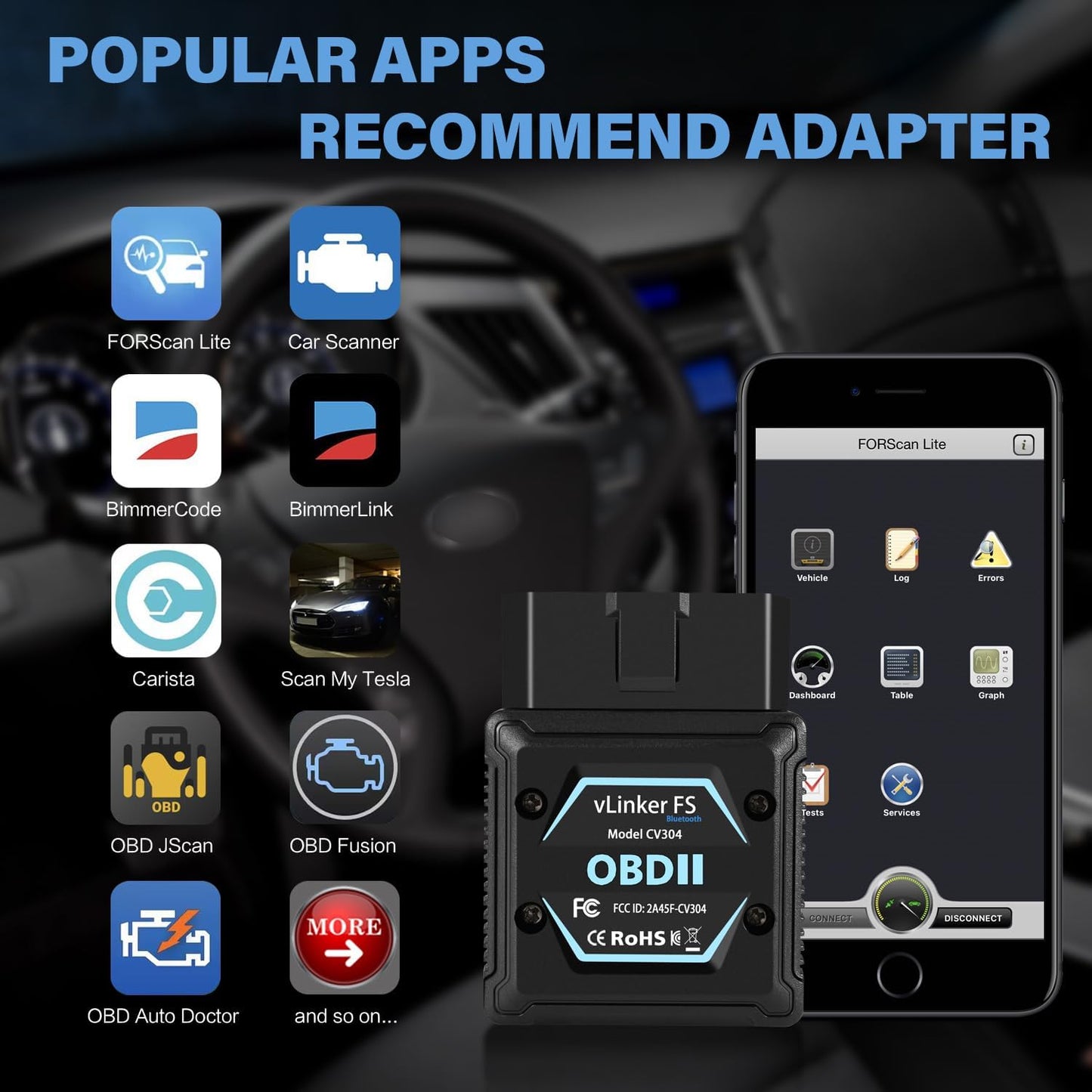 Vgate vLinker FS Bluetooth FORS-can 0BD2 Adapter for-d Fixd Car Diagnostic Tool OBD2 Scanner Bluetooth MS-CAN Work for iOS, Android & Windows, Black