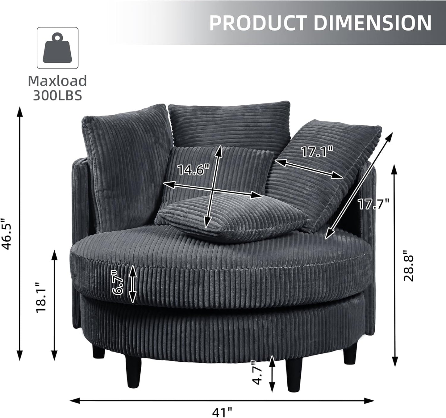 41" Oversized Accent Barrel Chair Large Round Chair, Modern Upholstered Circle Accent Chair with Legs & 5 Pillows for Living Room, Bedroom, Corduroy Chair, Grey
