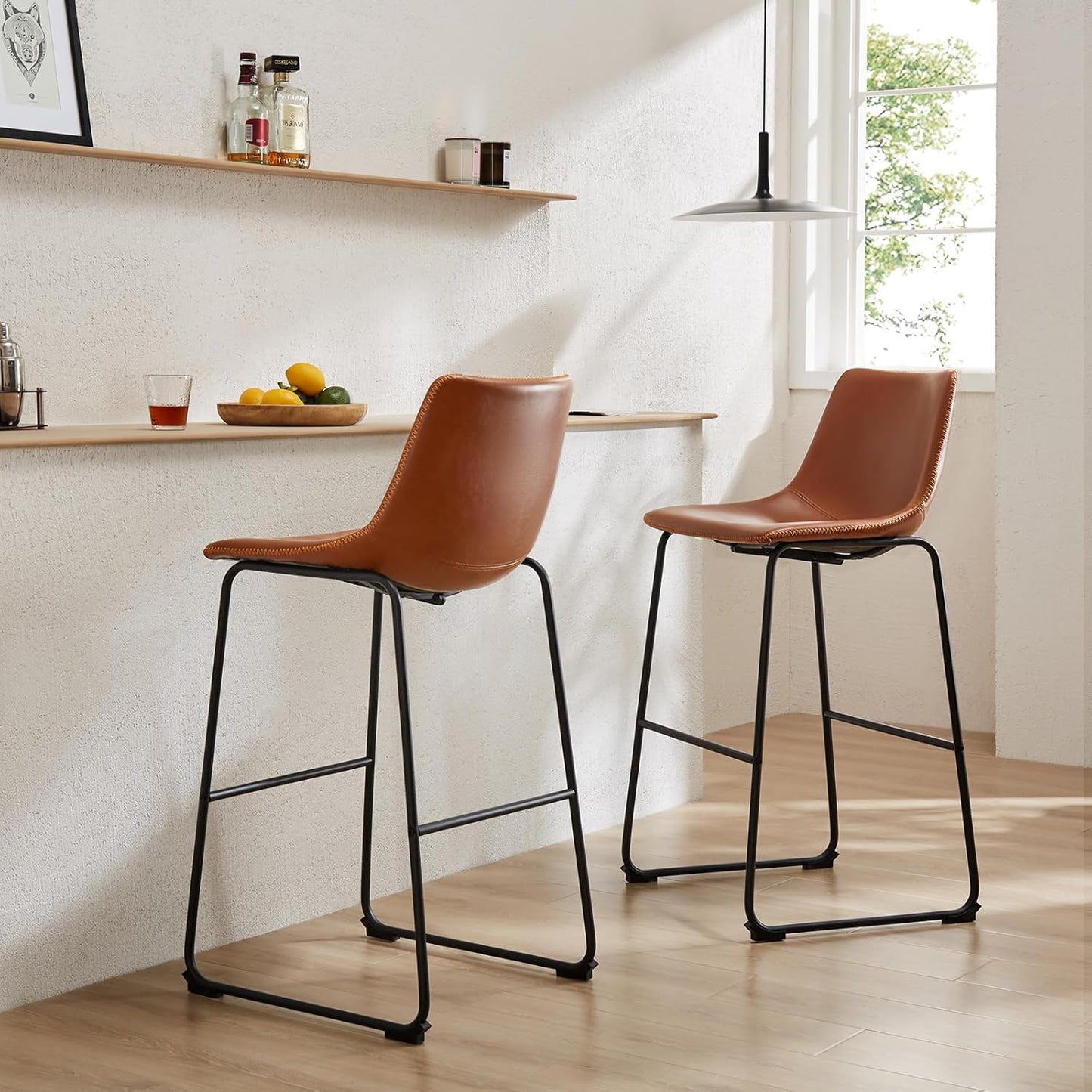 Sweetcrispy Counter Height Bar Stools Set of 2, 26 inch Height Stool Faux Leather Barstools with Back, Armless Kitchen Island Countertop Comfortable Modern Chairs with Metal Legs - Classic Black