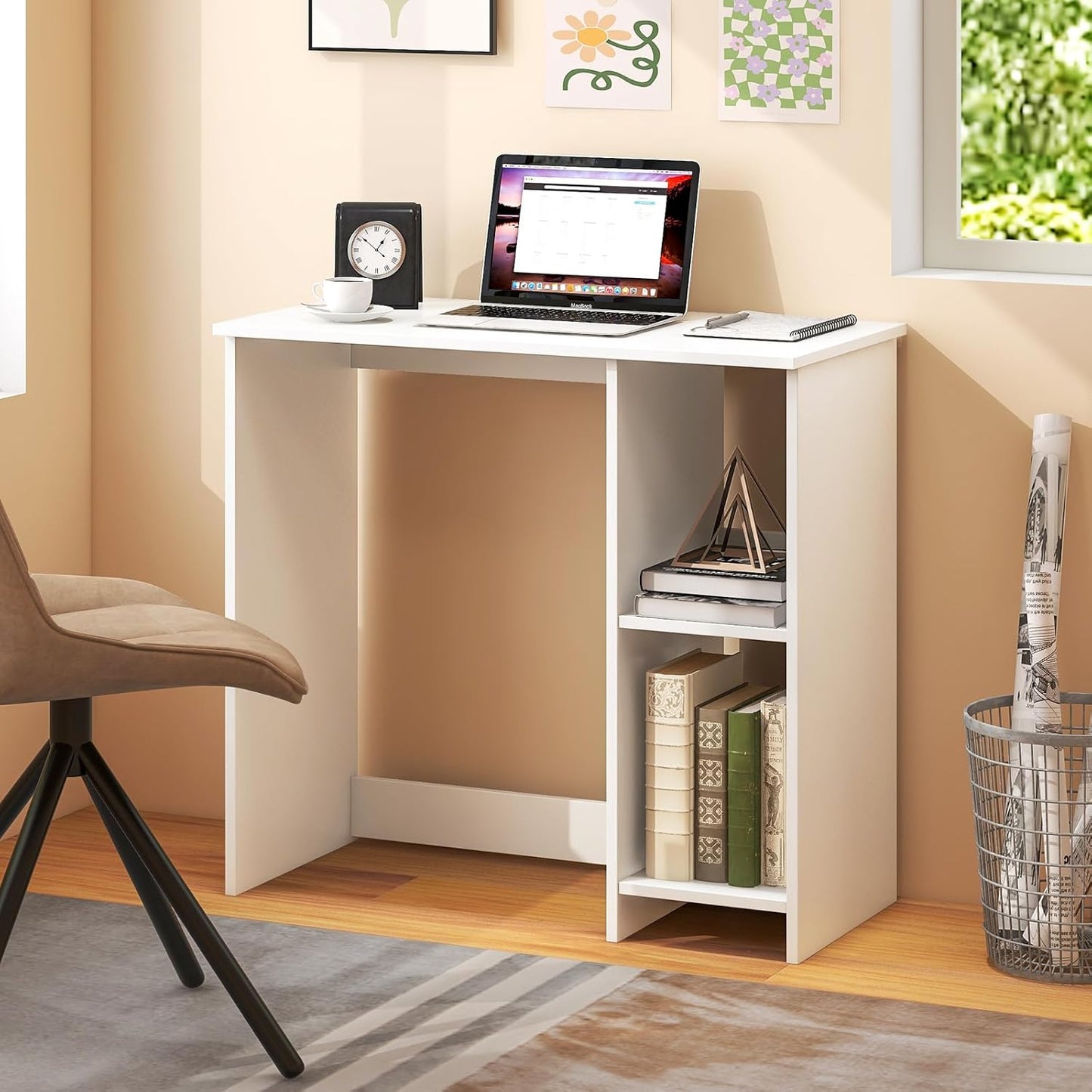 Tangkula Small White Desk with Shelves, Compact Desk for Small Space, Study Writing Table with 2 Tier Shelves, Modern Simple Style Laptop PC Table, White