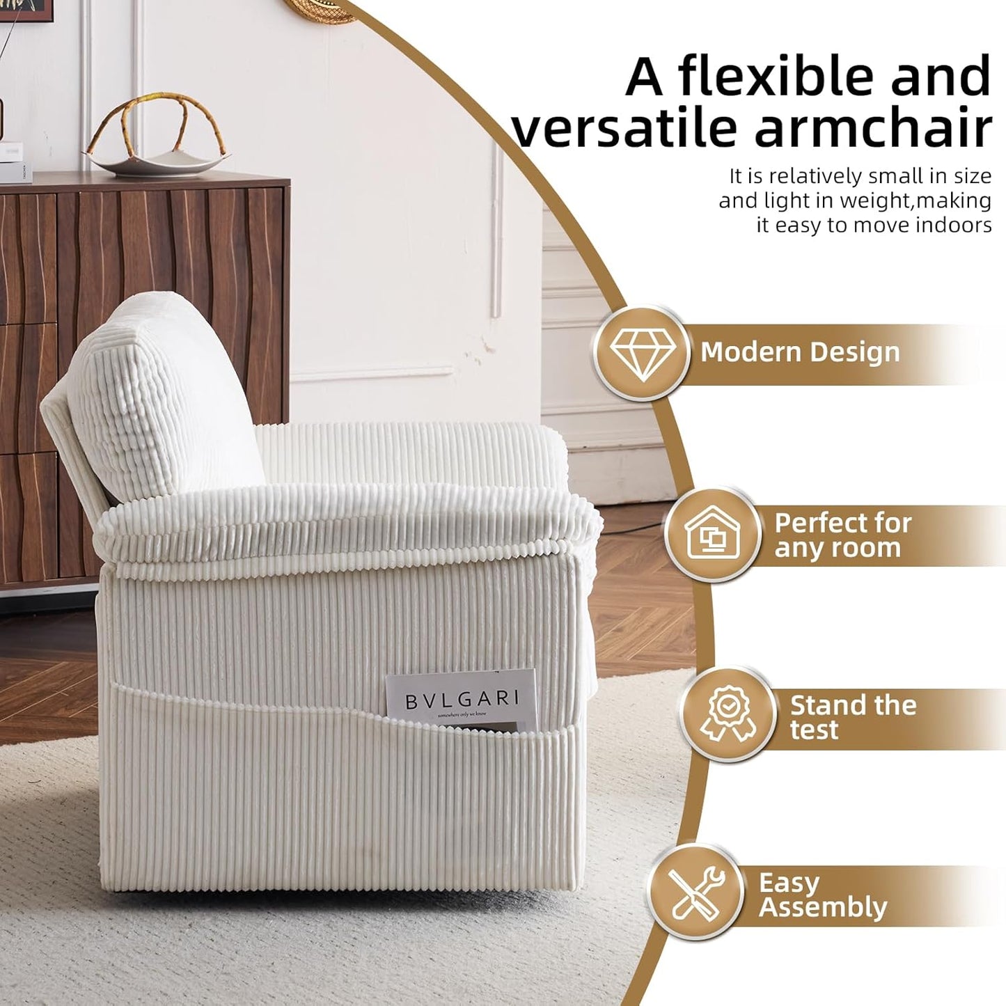 Accent Chair Set of 2, White Corduroy | Compact 360° Swivel for Small Spaces, Plush Deep-Cushioned Reading Chair