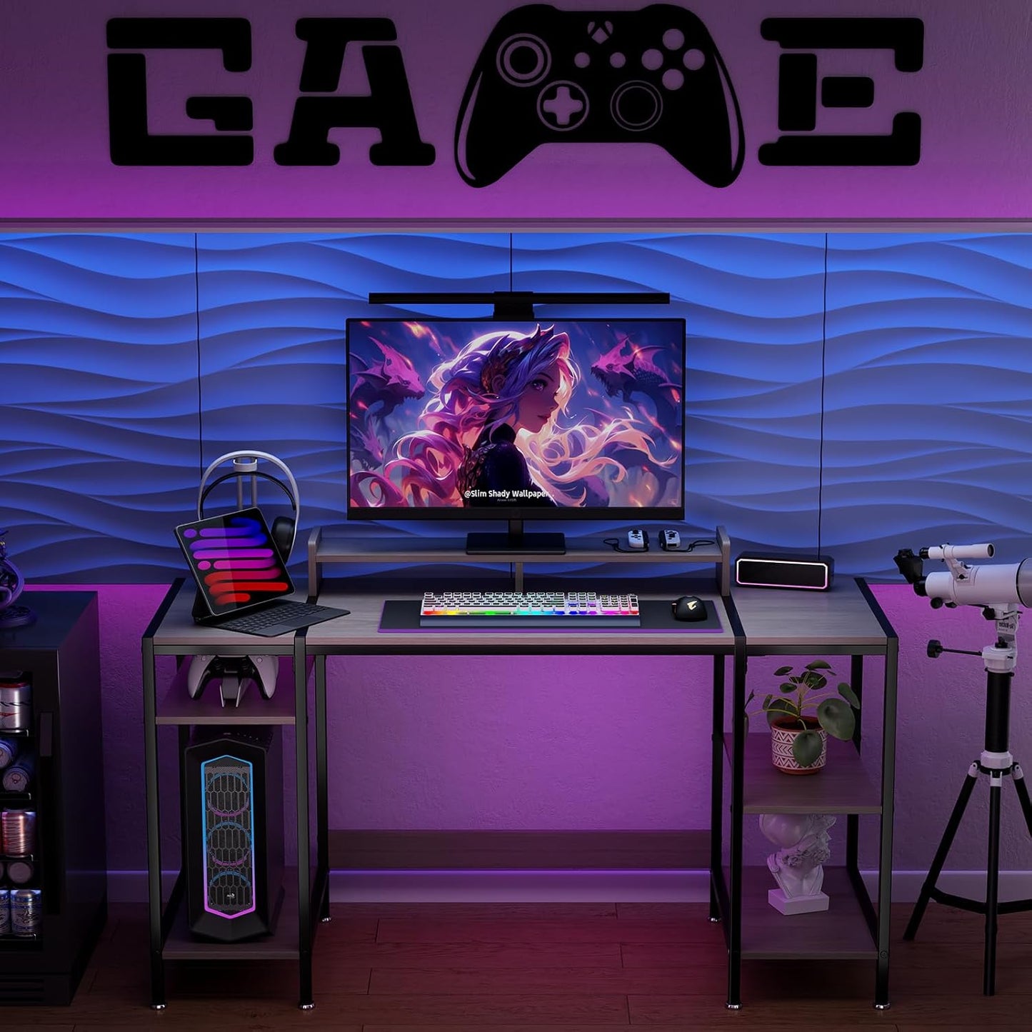 55 inch Grey Computer Desk Gaming Desk with Monitor Stand, Home Office Desk for 2 Monitors, Writing Desk with Adjustable Storage Space,Sturdy and Durable Modern Small Desk