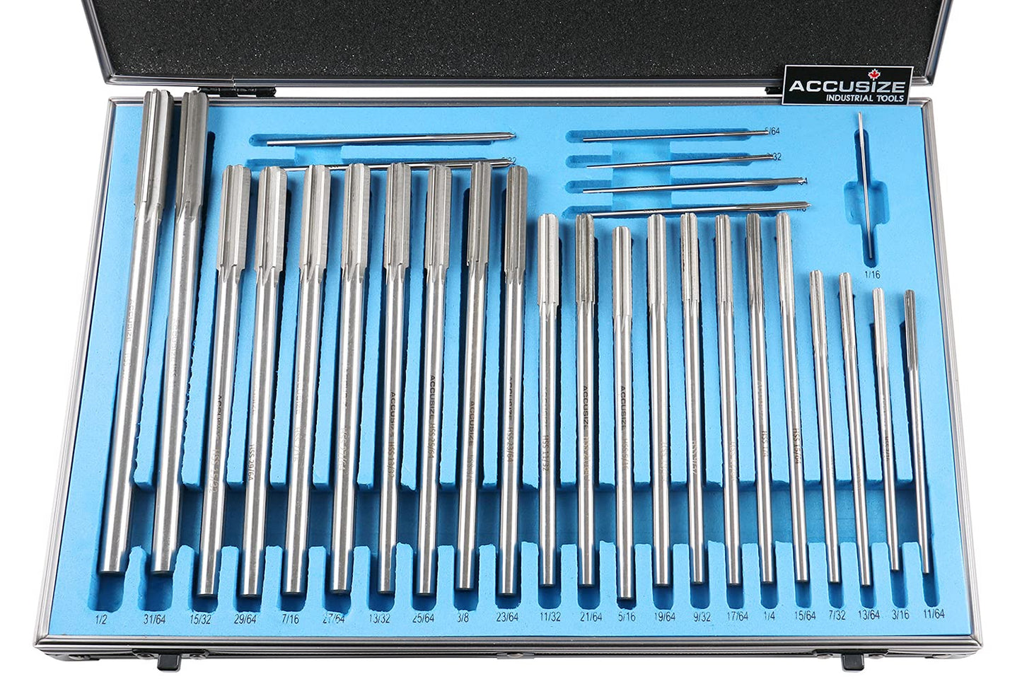 Accusize Industrial Tools 29 Pc Set 1/16 to 1/2 inch by 1/64 in HSS M2 Premium Chucking Reamers, Straight Flute, Aluminum Case, 5528-SF00