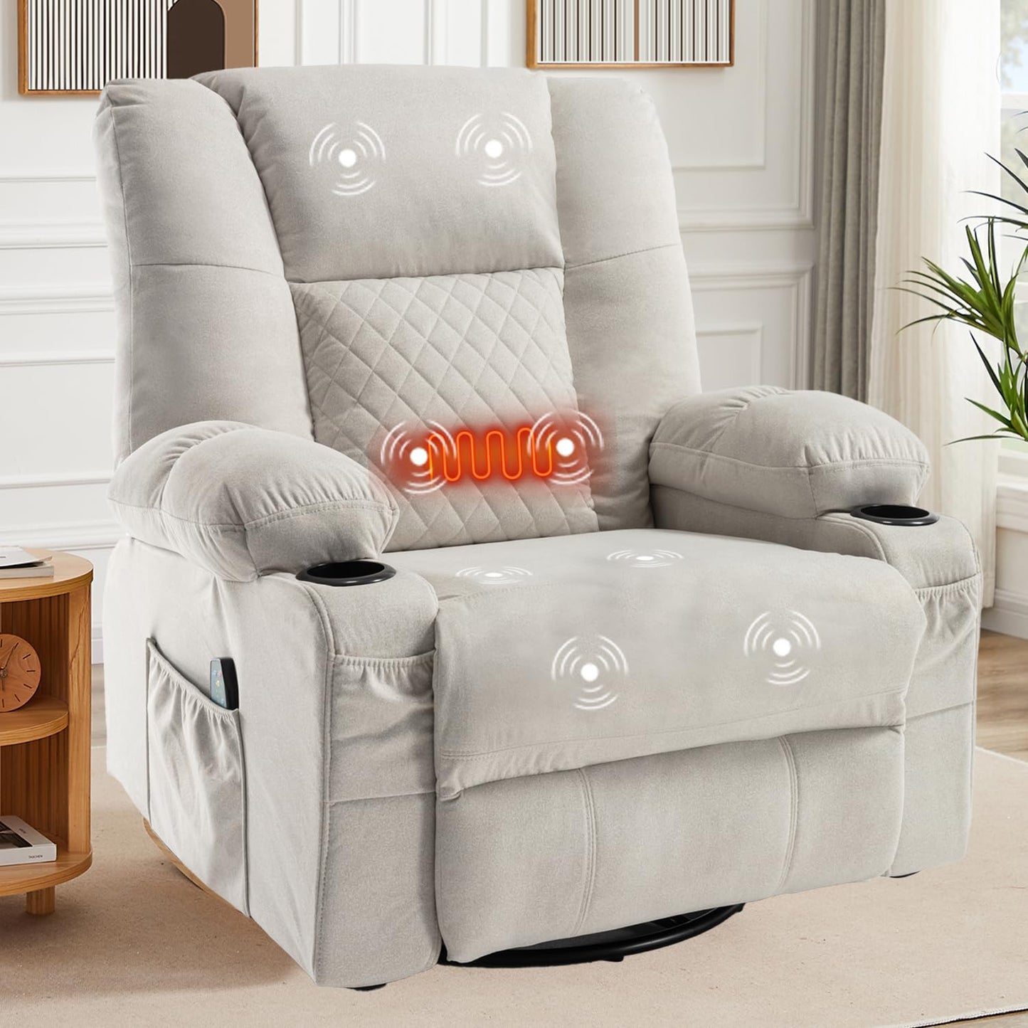 Swivel Rocker Recliner Chair for Adults with Vibration Massage, Overstuffed Soft Fabric Recliner with Lumbar Heat, Modern Manual Rocking Recliner with Cup Holders, for Living Room, Home Theater, Grey