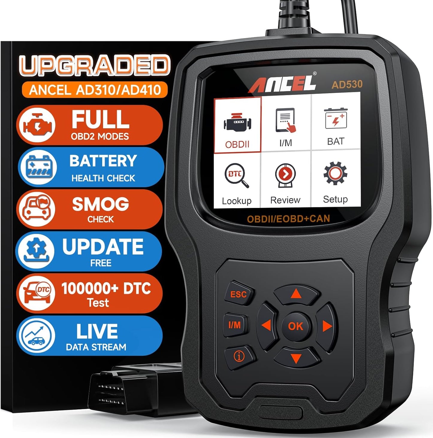 ANCEL AD530 OBD2 Scanner Diagnostic Tool, Universal Check Engine Code Reader with Live Data, Car Diagnostic Tool with Upgraded Battery Tester & All OBD2 Functions for 1996+ Vehicles, Upgraded AD310