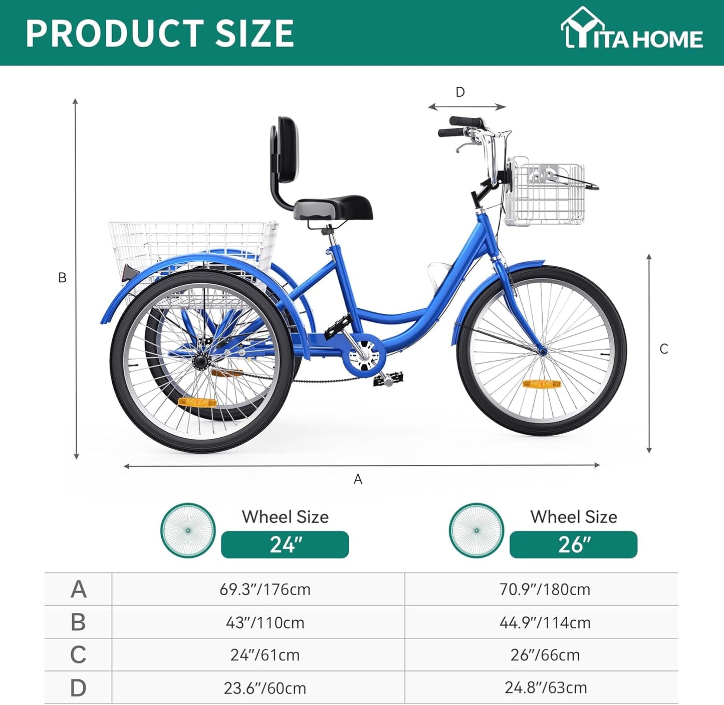 YITAHOME 24 & 26 Inch Adult Tricycle, 1 & 7 Speed 3 Wheel Bikes, Large Seat with Backrest Trike for Adults with Front & Rear Baskets, Cruiser Bike for Seniors Women Men Commute Picnic Outdoor