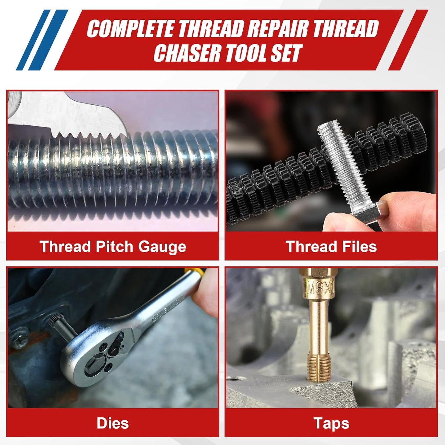 61Pcs Thread Repair Kit, UNC, UNF & Metric Thread Chaser Set, Rethread Repair Tool with Taps Dies Thread Files and Thread Pitch Gauge for Repair or Reshape Damaged Threads Bolts, Nuts and Screws