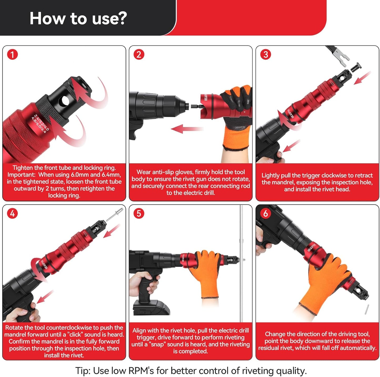 Beaspire Cordless Rivet Gun Adapter - Electric Rivet Drill Adapter Kit 2.4mm-6.4mm, Rivet Gun Kit with 6 Interchangeable Rivet Heads and 30 Blind Rivets, Easy processing for Pop Rivets