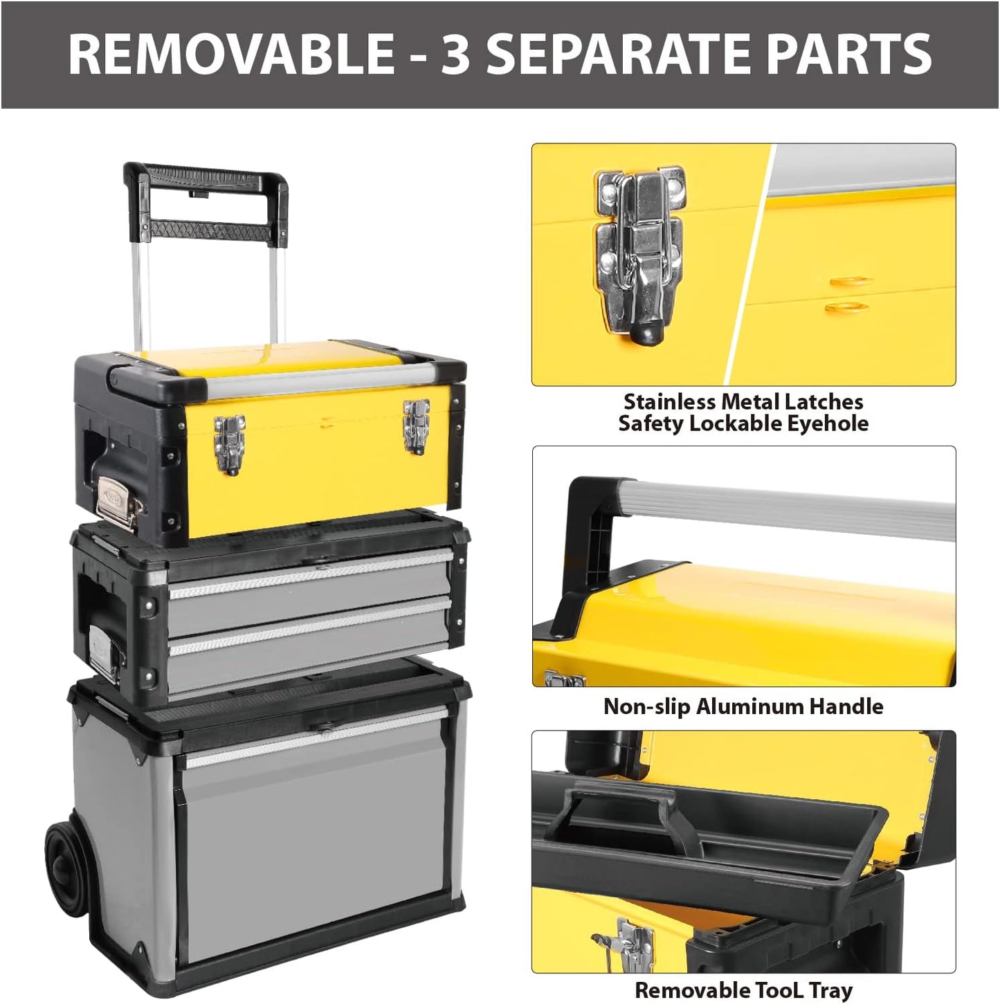 BIG RED Stackable Rolling Tool Box Portable Metal Toolbox Organizer with Wheels and 2 Drawers Separate Rolling Upright Trolley Tool Chest for Garage or Workshop,Yellow,ATRJF-C305ABDY