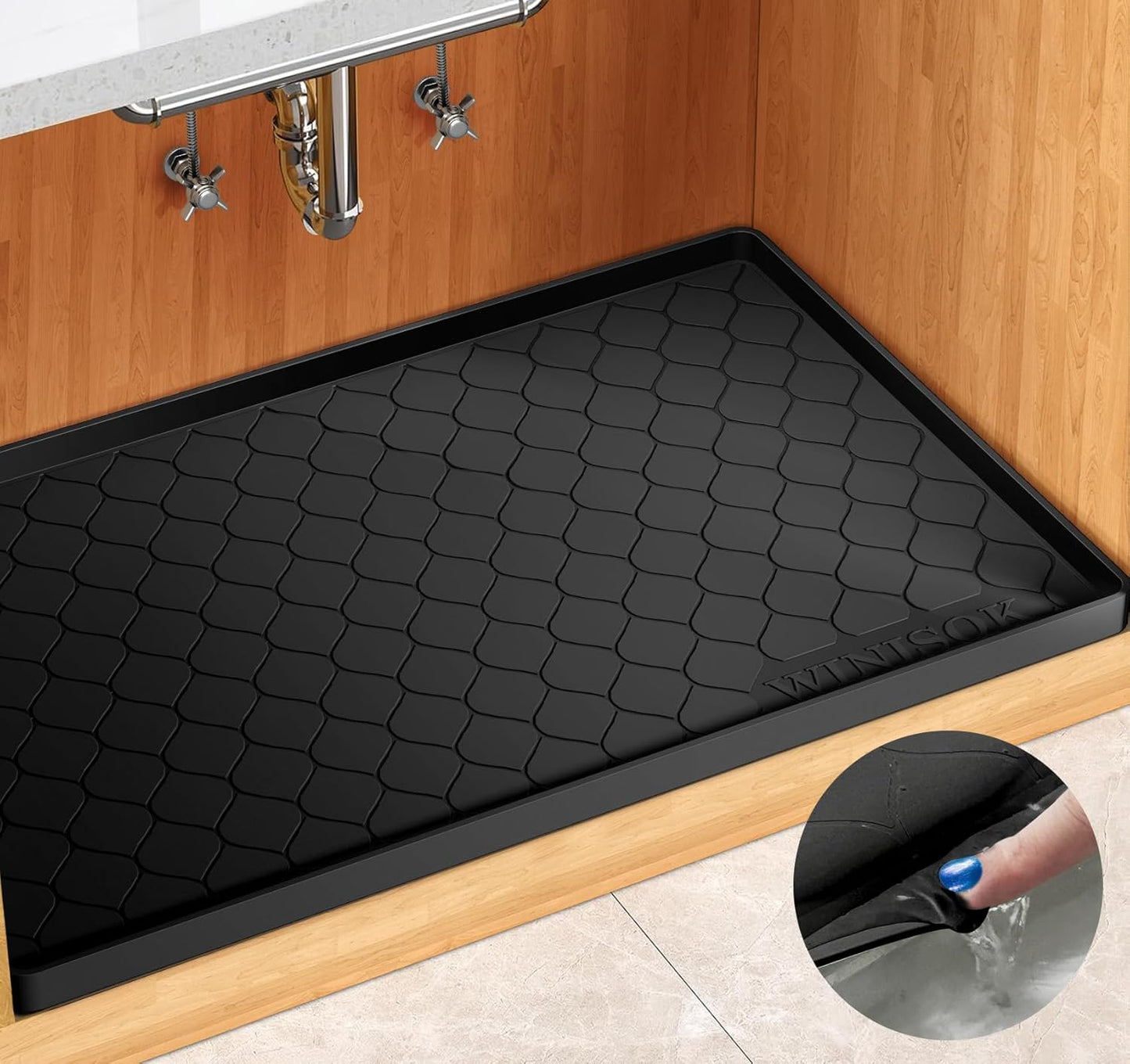 Silicone Under Sink Mat 34" x 22", kitchen Essentials and Gadgets, Shelf liner and Cabinet Protector, Home Organizers and Storage, Waterproof Bathroom Tray